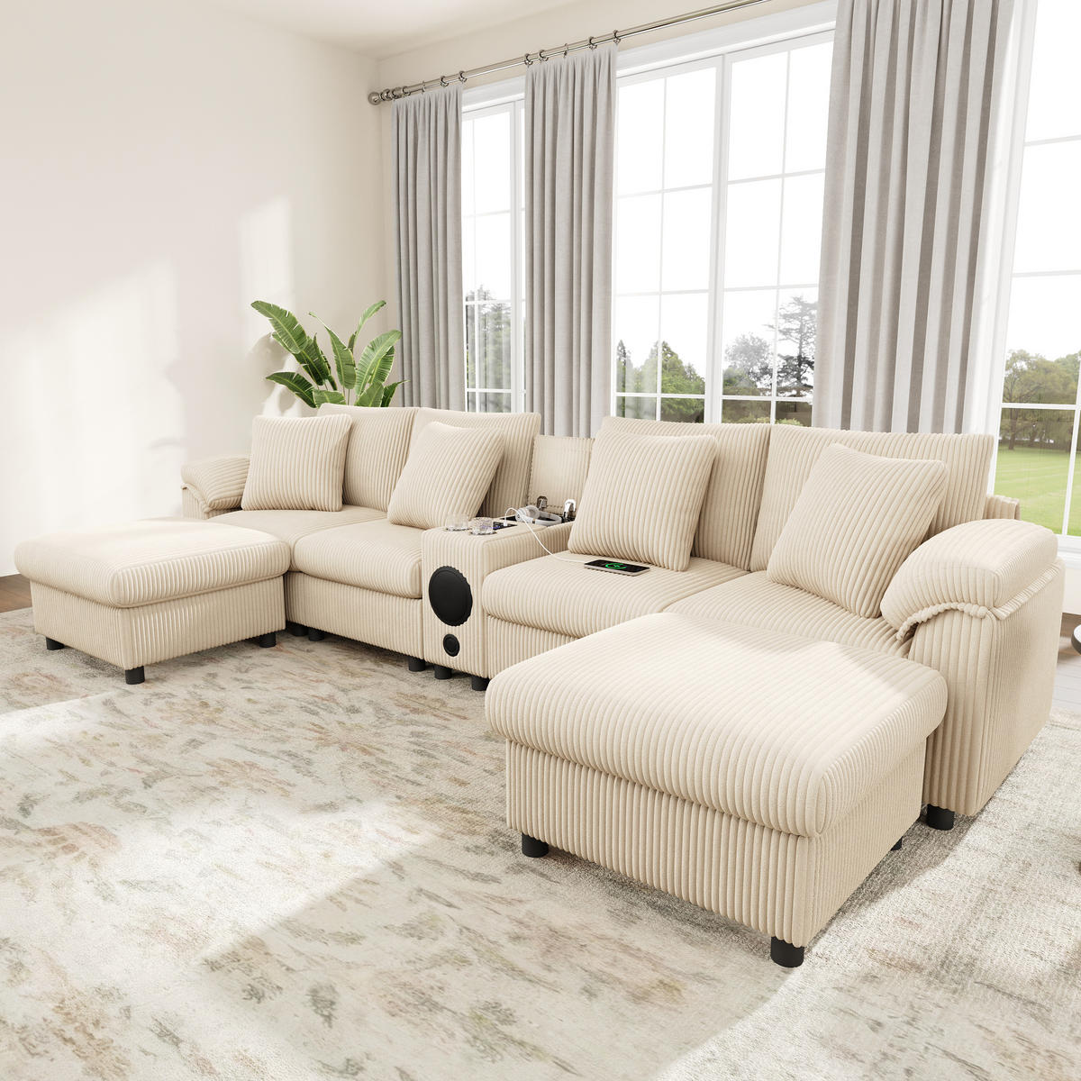 WOHNLANDSCHAFT Cord Beige mit Stauraum, Bluetooth, USB und Type-C - Beige, Holzwerkstoff/Kunststoff (315.5/84.5/144cm) - WISHDOR