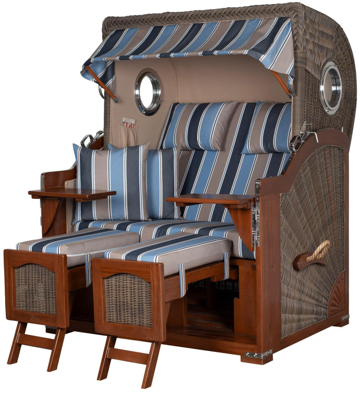 STRANDKORB Komplettset: Ammersee Mahagoni Bullauge - PE grau - Modell 580 - Blau/Beige, Holz/Kunststoff (125/165/80cm) - bene living