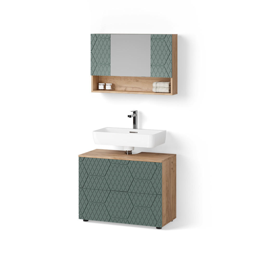 BADMÖBEL-SET Ronco Grün/Goldkraft Eiche 2 Teile, Unterschrank 80 cm - Honigeiche/Grün, Holzwerkstoff (80/58/41cm) - Livinity®