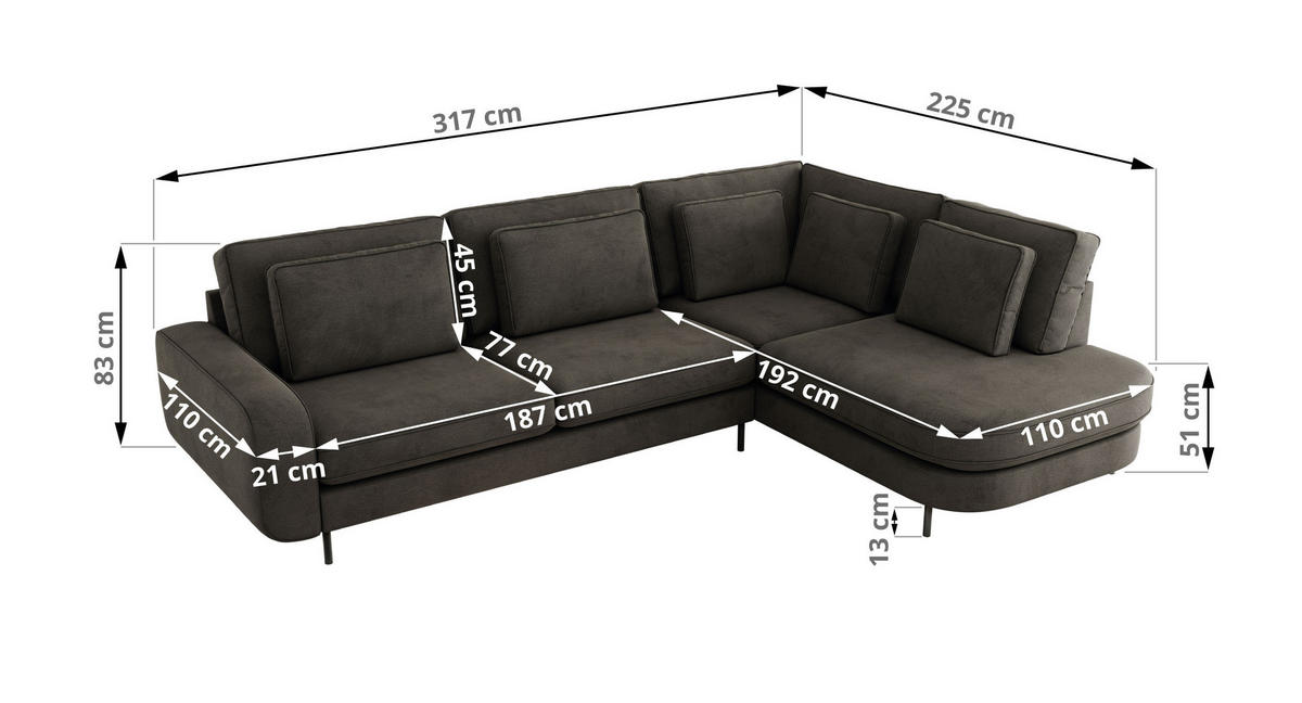 ROHOVÁ SEDAČKA CALENO L - Šedá Samet - Pravá Strana - šedá/černá, kov/textil (317/225cm) - MKS