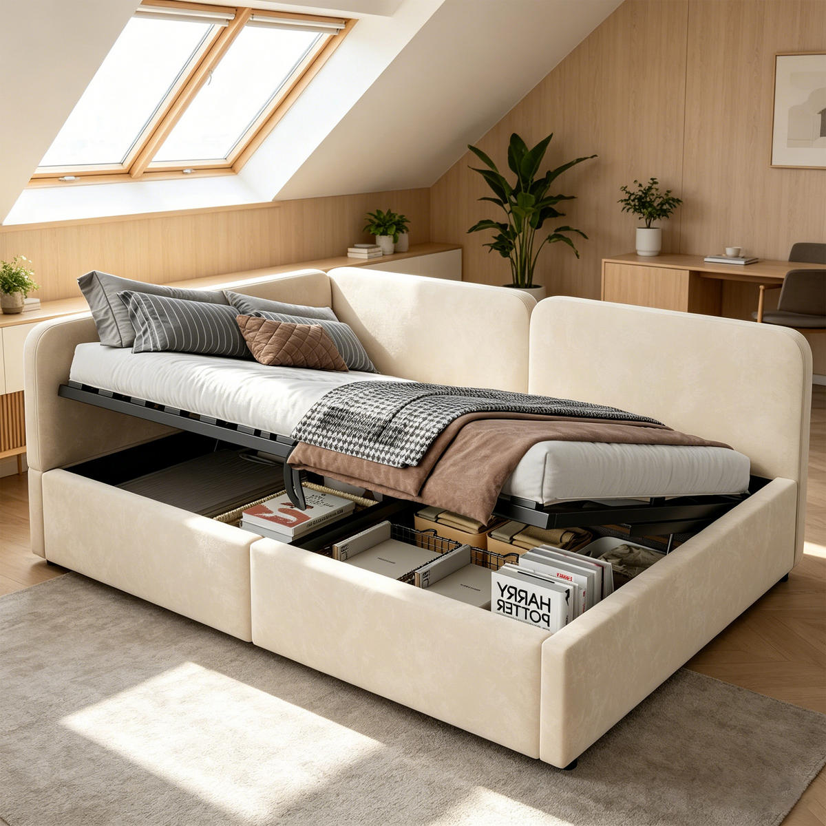 POLSTERBETT 140/200 cm DE-33056 mit Stauraum und Samt Beige - Beige, Metall (140/200cm) - ComfortXL