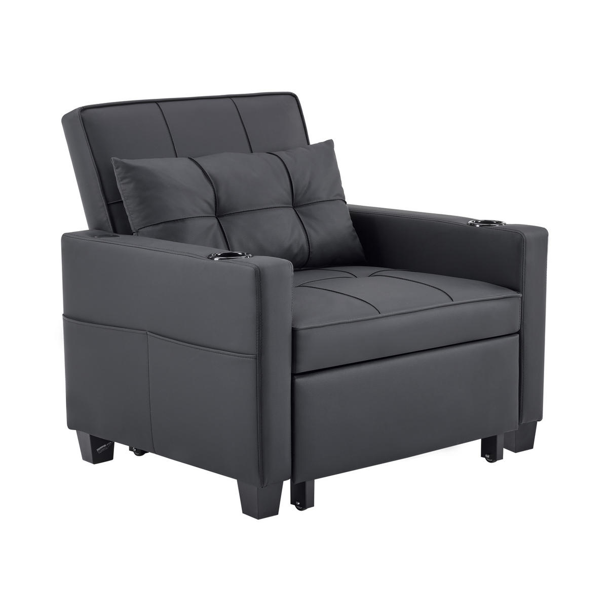 SCHLAFSOFA 3-in-1 Ausziehbares mit Getränkehaltern & USB Anschluss schwarz Holz-Metall 90/90/85 cm - Schwarz, Holz (74/84/87cm) - OKWISH
