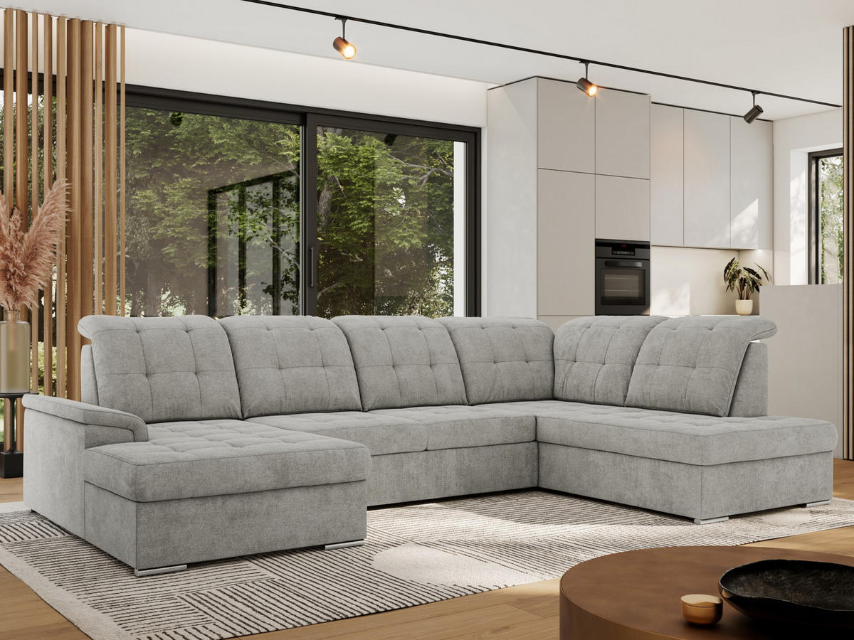 WOHNLANDSCHAFT MADRITO U - Hellgrau Struktur - Rechts - Silberfarben/Hellgrau, Textil/Metall (323/89/204cm) - MKS