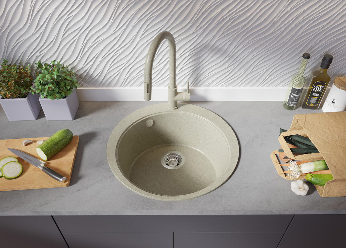 GRANITSPÜLE Pisa Max, 2-er set Beige 53/53 cm 1 Becken + Küchenarmatur 40/20 cm + Ablauf-Set + Schneidebrett ab 50er Unterschrank - Chromfarben/Beige, Kunststoff (53/20/53cm) - Primagran