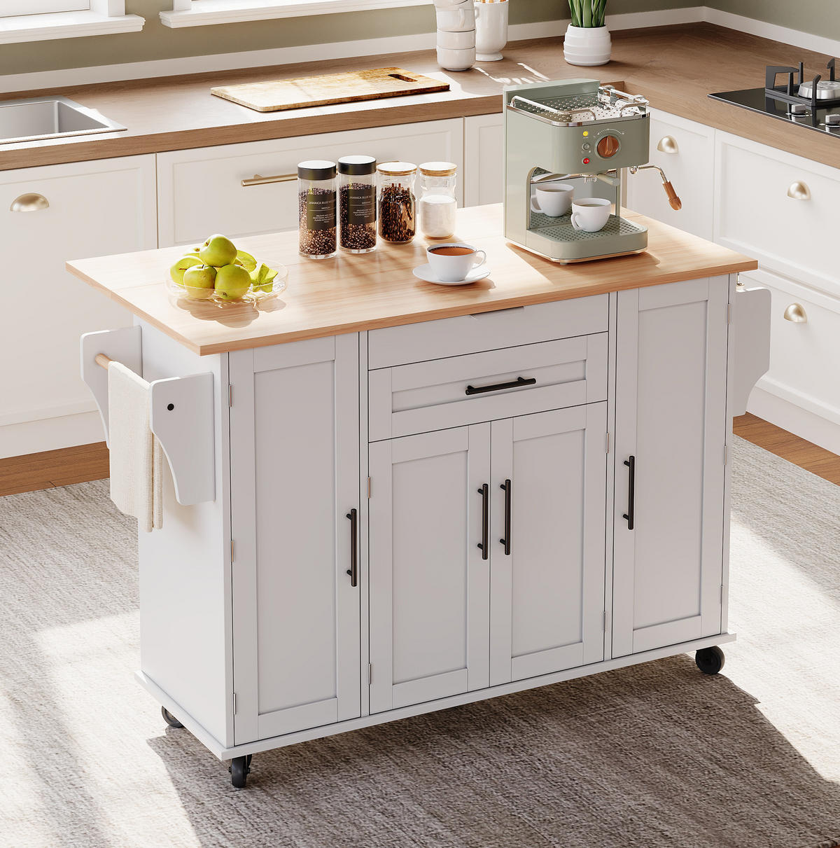 KÜCHENINSEL 136/70/92 cm weiß/natur aus MDF mit Auszug - Weiß, Holzwerkstoff (136/92/70cm) - OKWISH