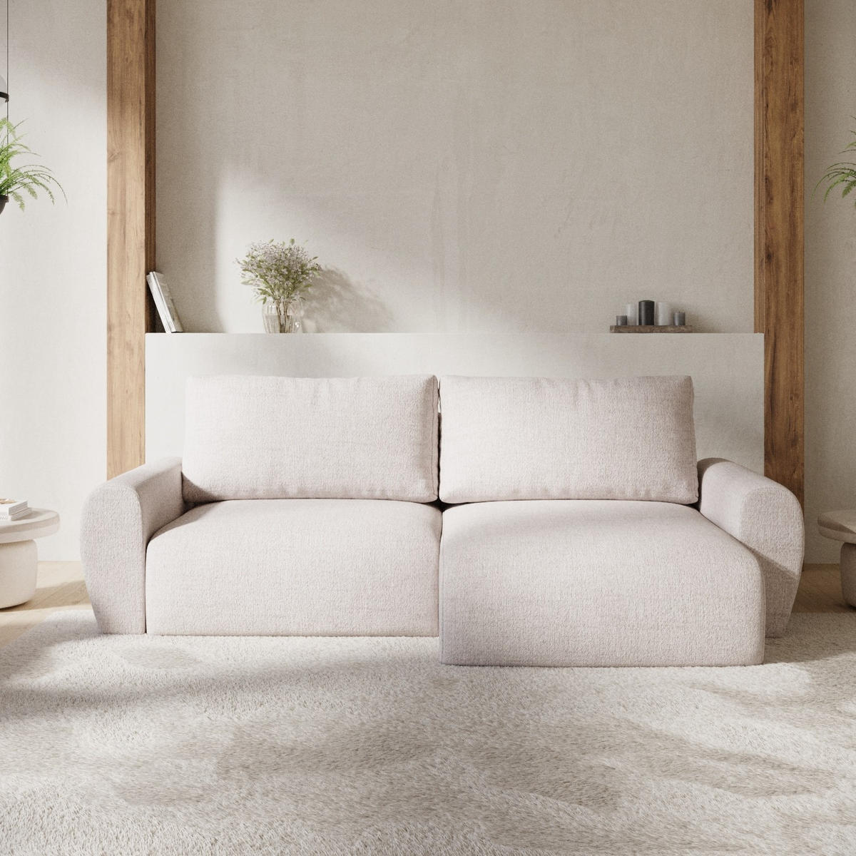 ROHOVÁ SEDAČKA OMARI, textil, Světle béžová - černá/písková barva, dřevo/kompozitní dřevo (253/153cm) - AltaBeds