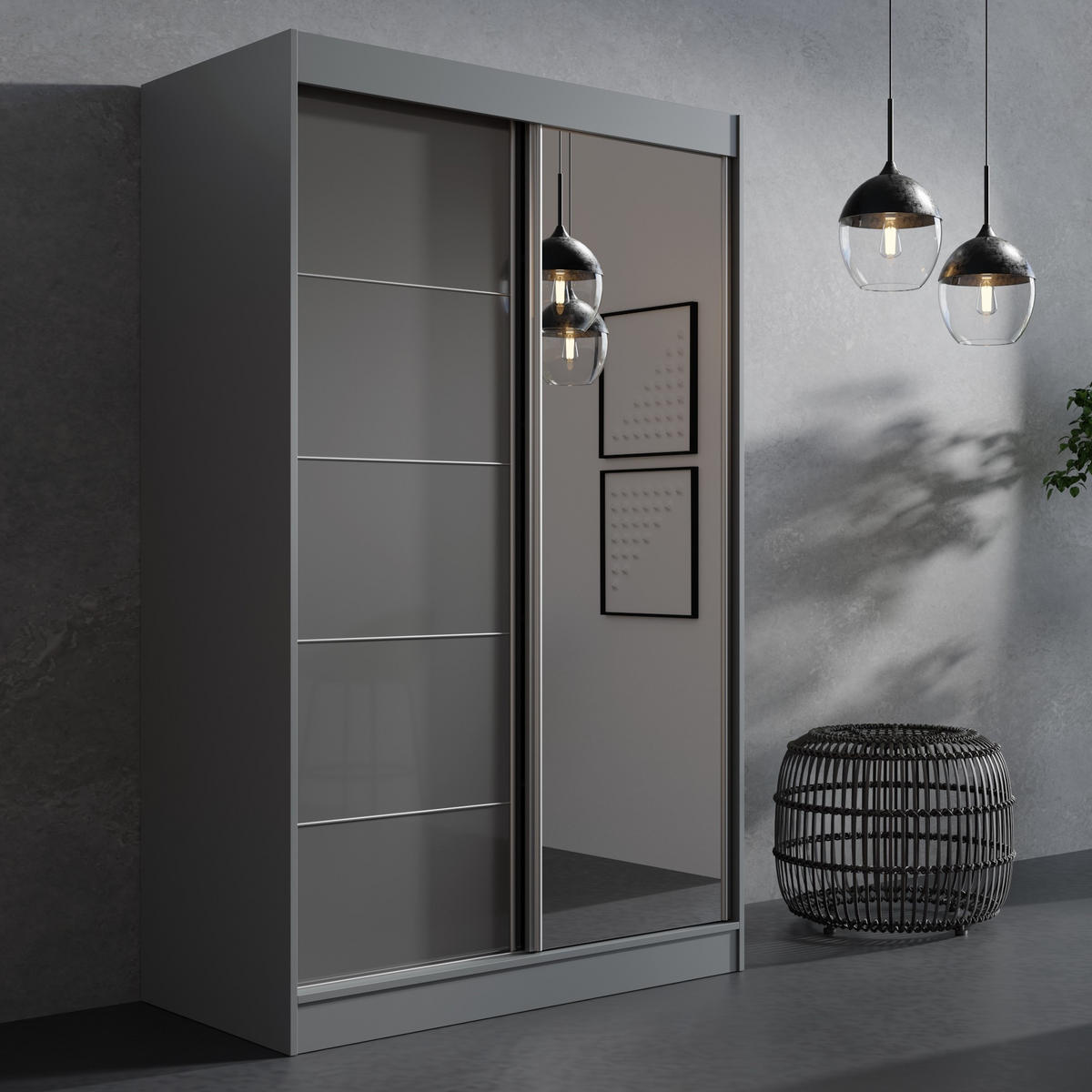 SCHIEBETÜRENSCHRANK mit Spiegel Como 2D1L 120 Grau (lacobel) - Silberfarben/Grau, Holzwerkstoff/Metall (120/201/65cm) - mzm24