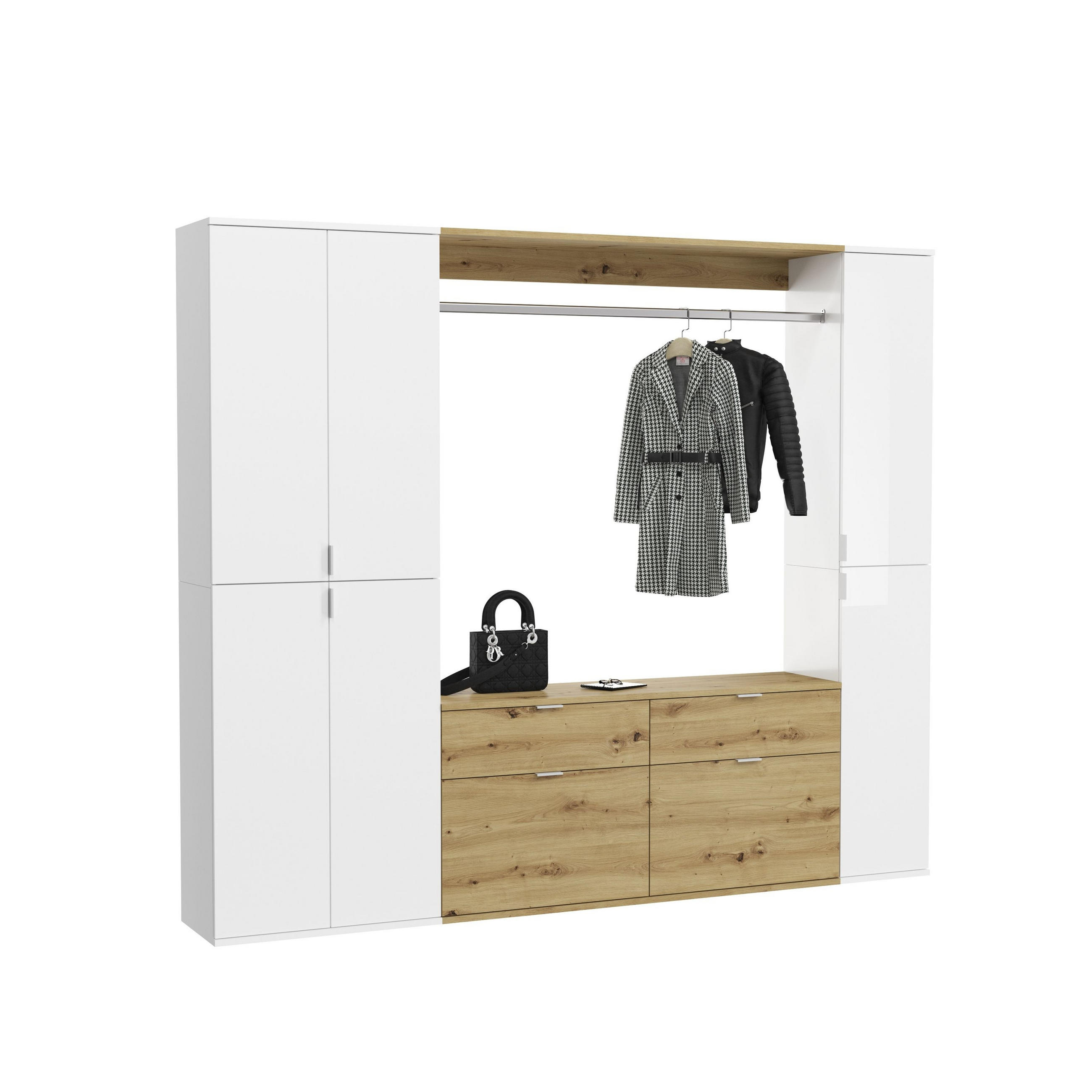 GARDEROBE Nexus 3-tlg. (B/H/T: ca. 212/193/34 cm) in Weiß / Artisan Eiche /weiß hochglanz - Weiß Hochglanz, Holzwerkstoff (212/193/34cm)