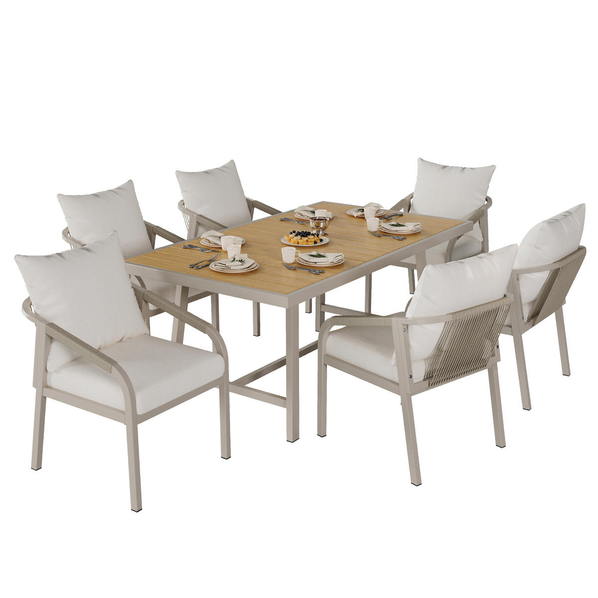 GARTENMÖBEL-SET Modernes 7-tlg. Khaki/Beige - Beige, Metall - ComfortXL