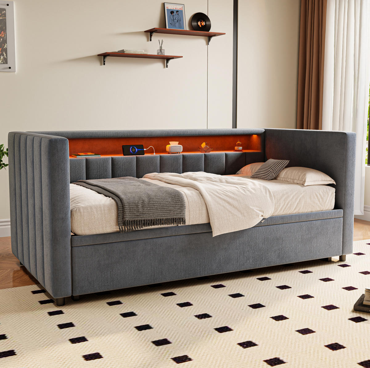 POLSTERBETT aus Samt 90x190 cm in Dunkelgrau mit LED & USB-Type-C - Dunkelgrau, Textil (90/190cm) - Modfu