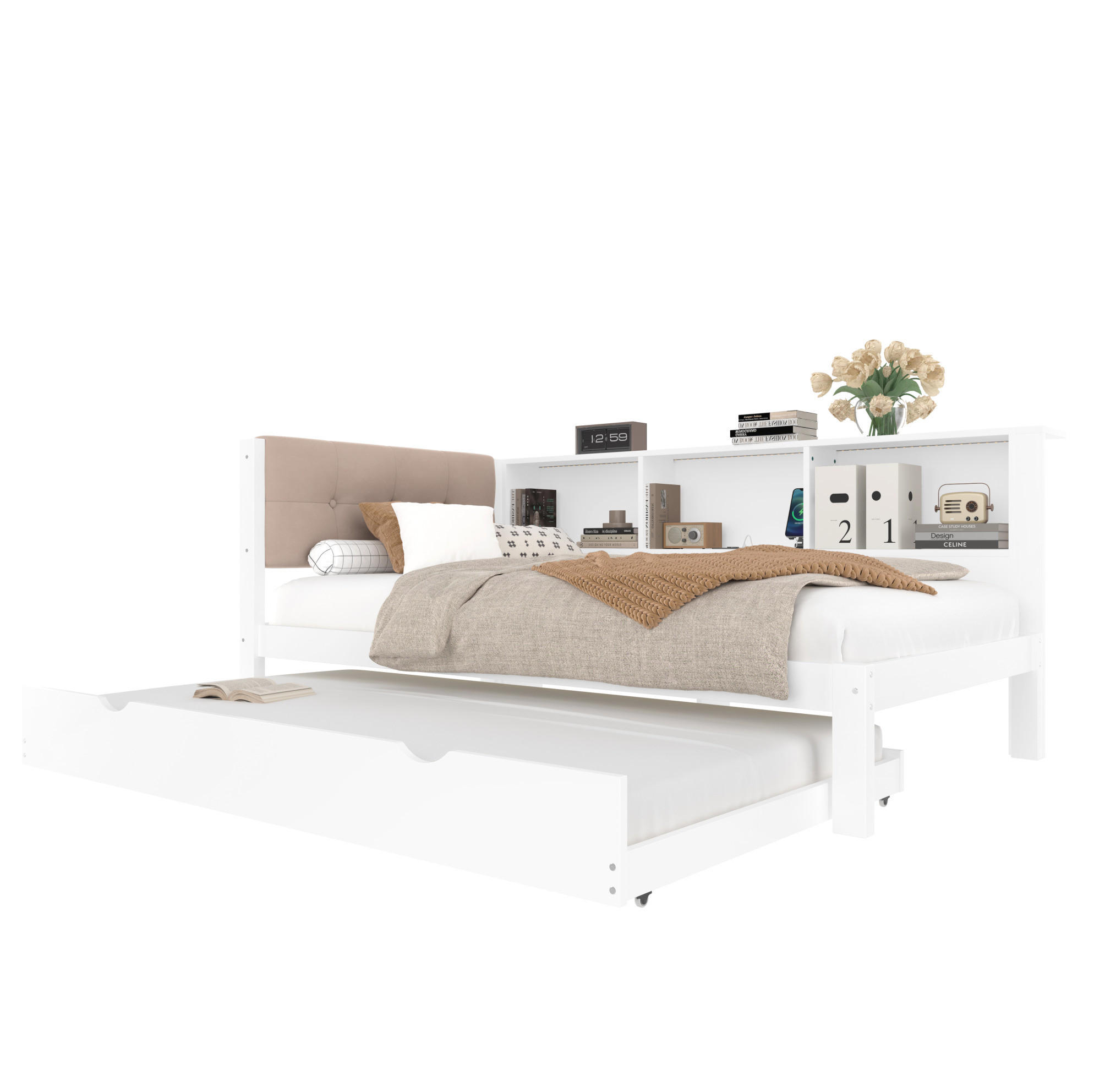 TAGESBETT 90/200 cm mit Ausziehbett, LED-Beleuchtung, USB-Anschluss und Regal, Kiefer/MDF, Weiß - Weiß, Holzwerkstoff (90/200cm) - Redom