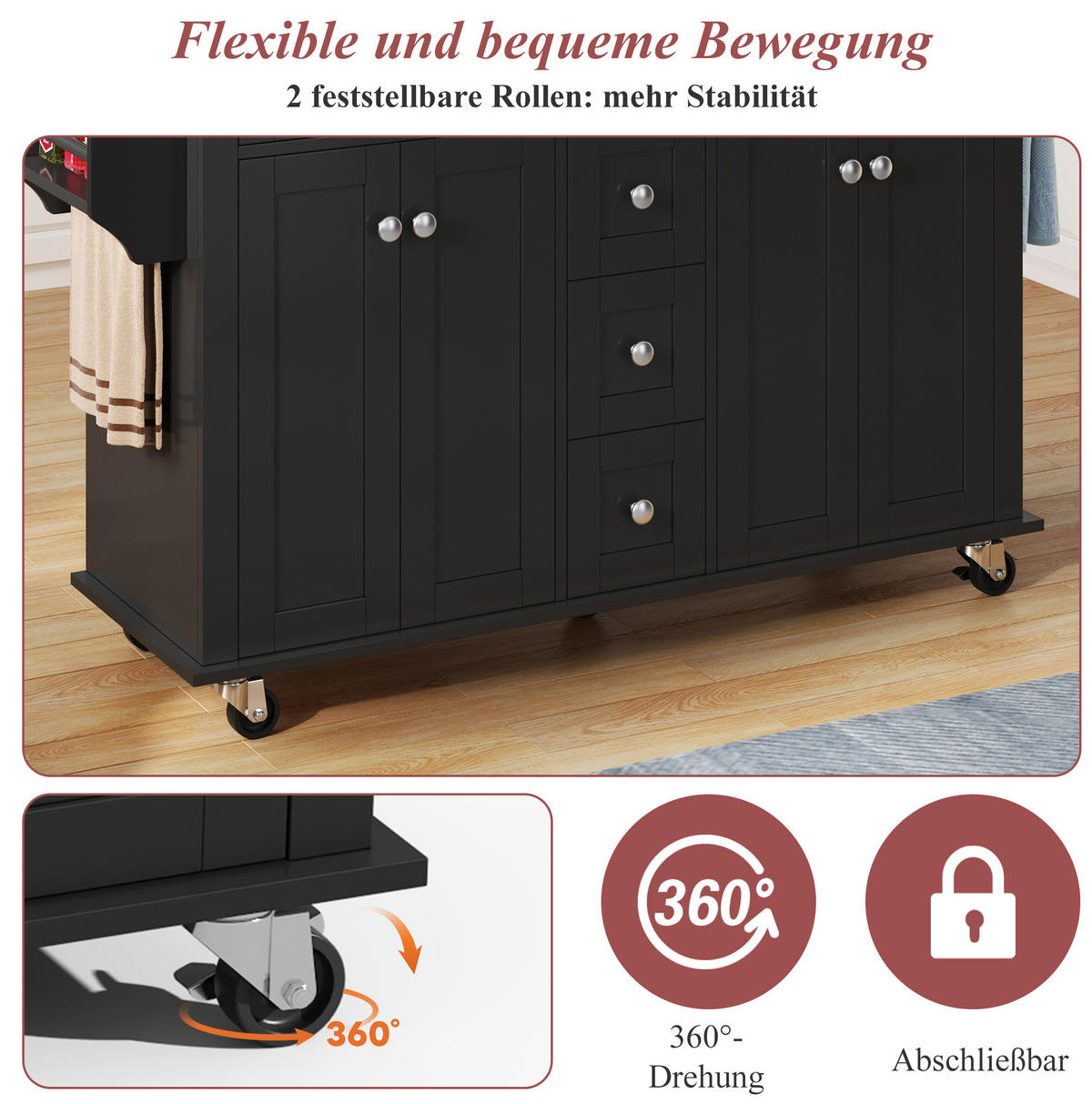 KÜCHENWAGEN 140/40/89 cm in Schwarz/Natur mit Klappplatte und 5 Schubladen - Schwarz, Holzwerkstoff (140/89/65cm) - Flora Grace