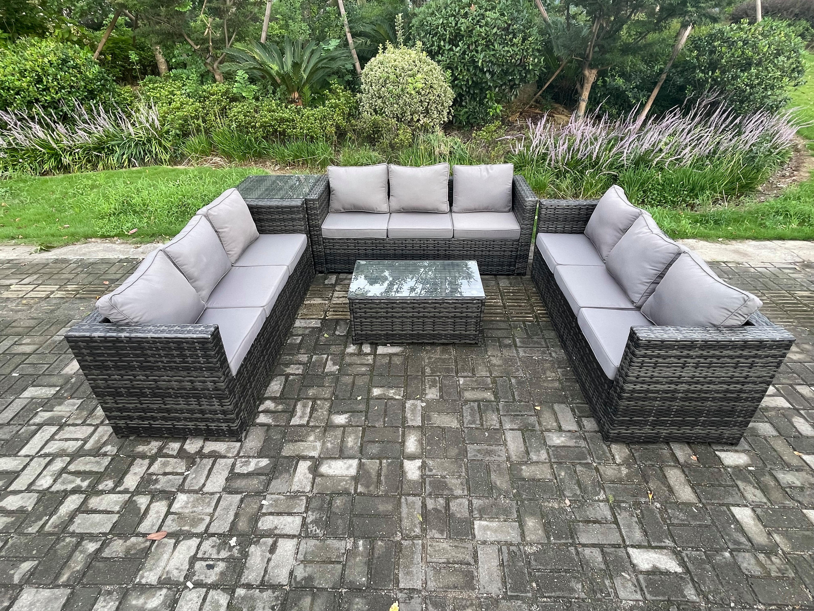GARTENSET mit Beistelltisch Polyrattan 9-Sitzer - Dunkelgrau, Metall - Fimous