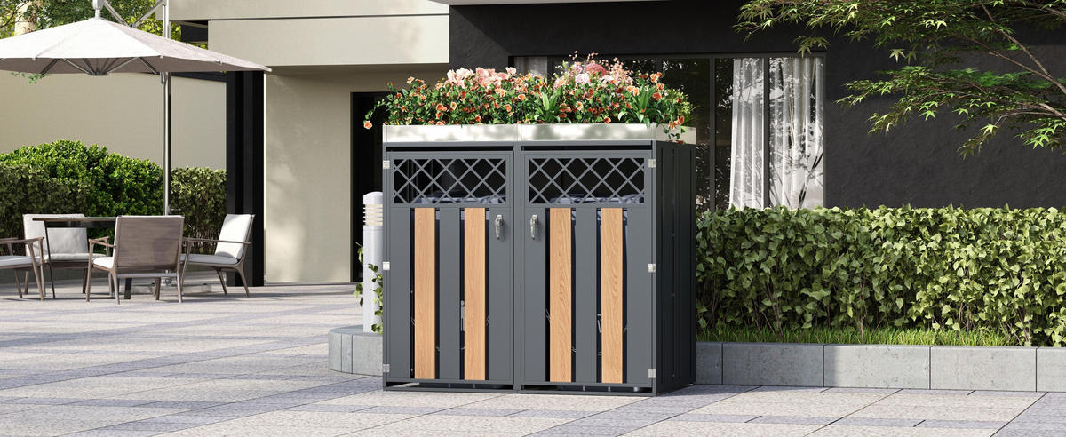 MÜLLTONNENBOX 2 Türen Pflanzfläche Lüftung abschließbar - Grau, Metall (132/124.5/80cm) - LEBENLANG