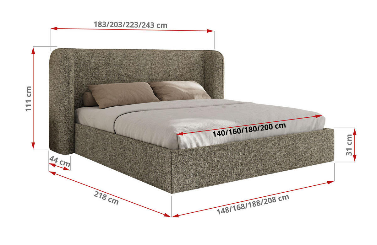 POLSTERBETT EMORA CLASSIC 160/200 - Grau Strukture - Pocket-Matratze - Grau, Textil (160/200cm) - MKS