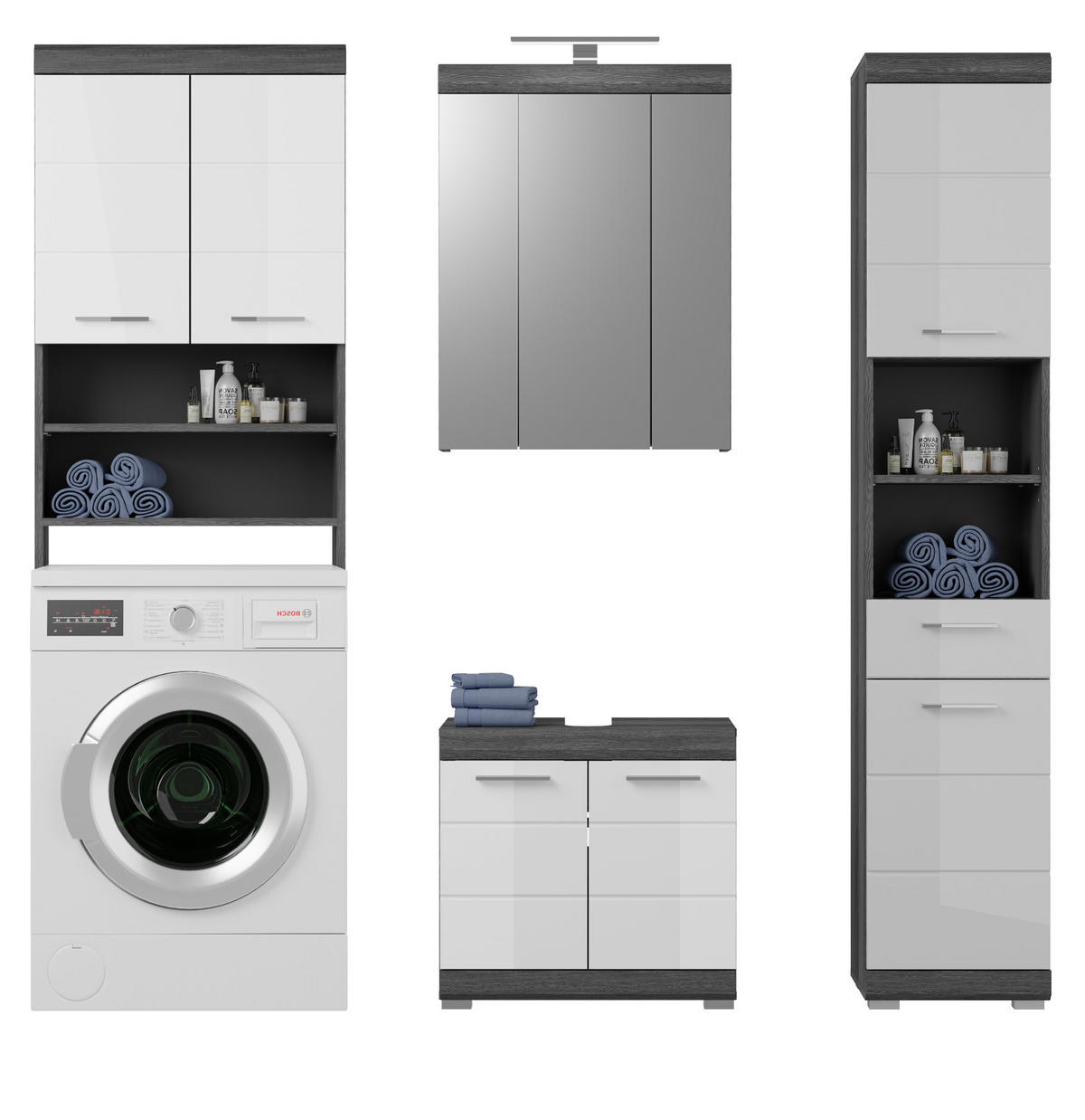 BADMÖBEL-SET weiß Hochglanz, grau 4-teilig 190 cm, Komplettset mit 23 Fächern - Weiß Hochglanz/Grau, Holzwerkstoff (190/191/34cm) - Inn.Furn