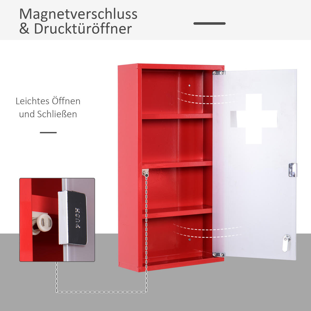 METALL Medizinschrank Arzneischrank Ersthilfe Schrank 4 Fach Rot Drehtür - Rot, Glas/Metall (12/60/30cm) - HOMCOM