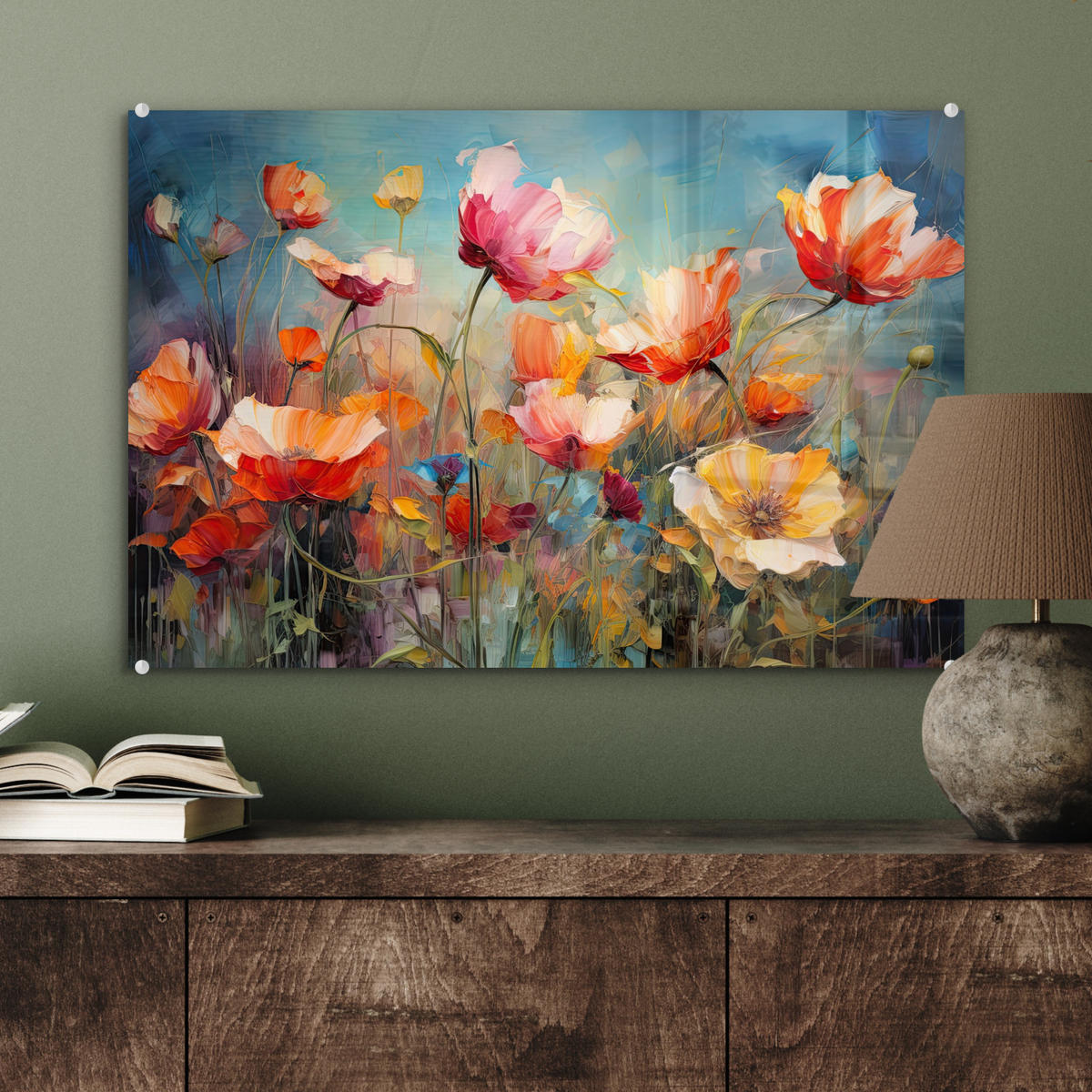 ACRYLGLASBILD Blumen - Aquarell - Kunst - Botanisch - Natur 60x40 cm - Orange, Glas (60/40cm) - MuchoWow