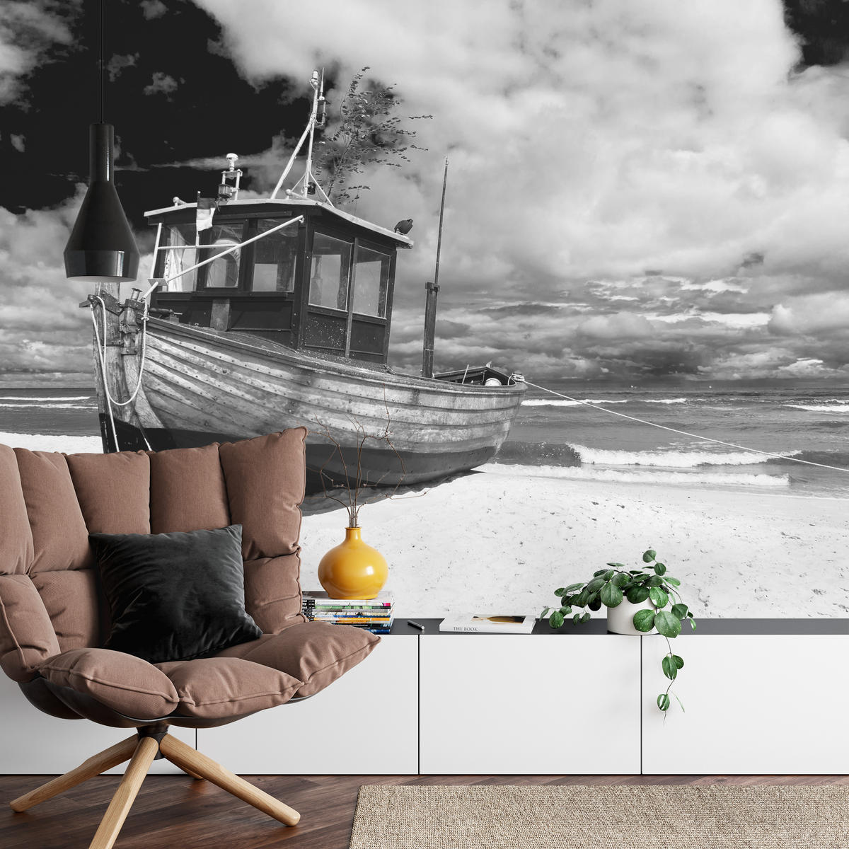 FOTOTAPETA Pre Obývaciu Izbu Čierno-Biela Loď Pláž More 450 x 315 cm - čierna/sivá, papier (450/315cm) - Muralo