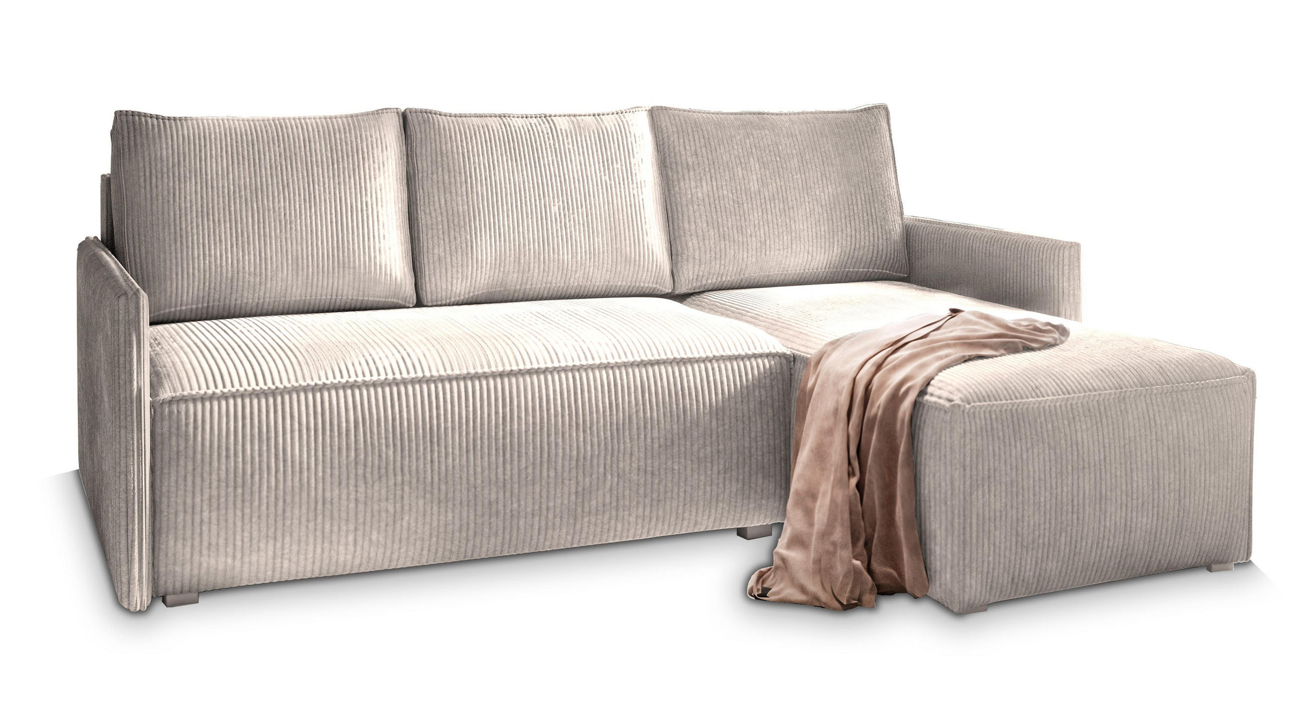 ECKSOFA PERUSI Creme Kordstoff mit Schlaffunktion - Creme, Holz (206/143cm) - MASSENO