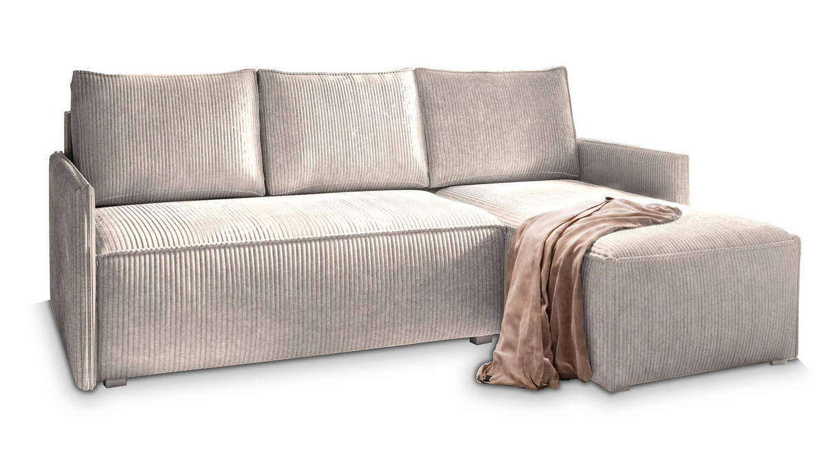 ECKSOFA PERUSI Creme Kordstoff mit Schlaffunktion - Creme, Holz (206/143cm) - MASSENO