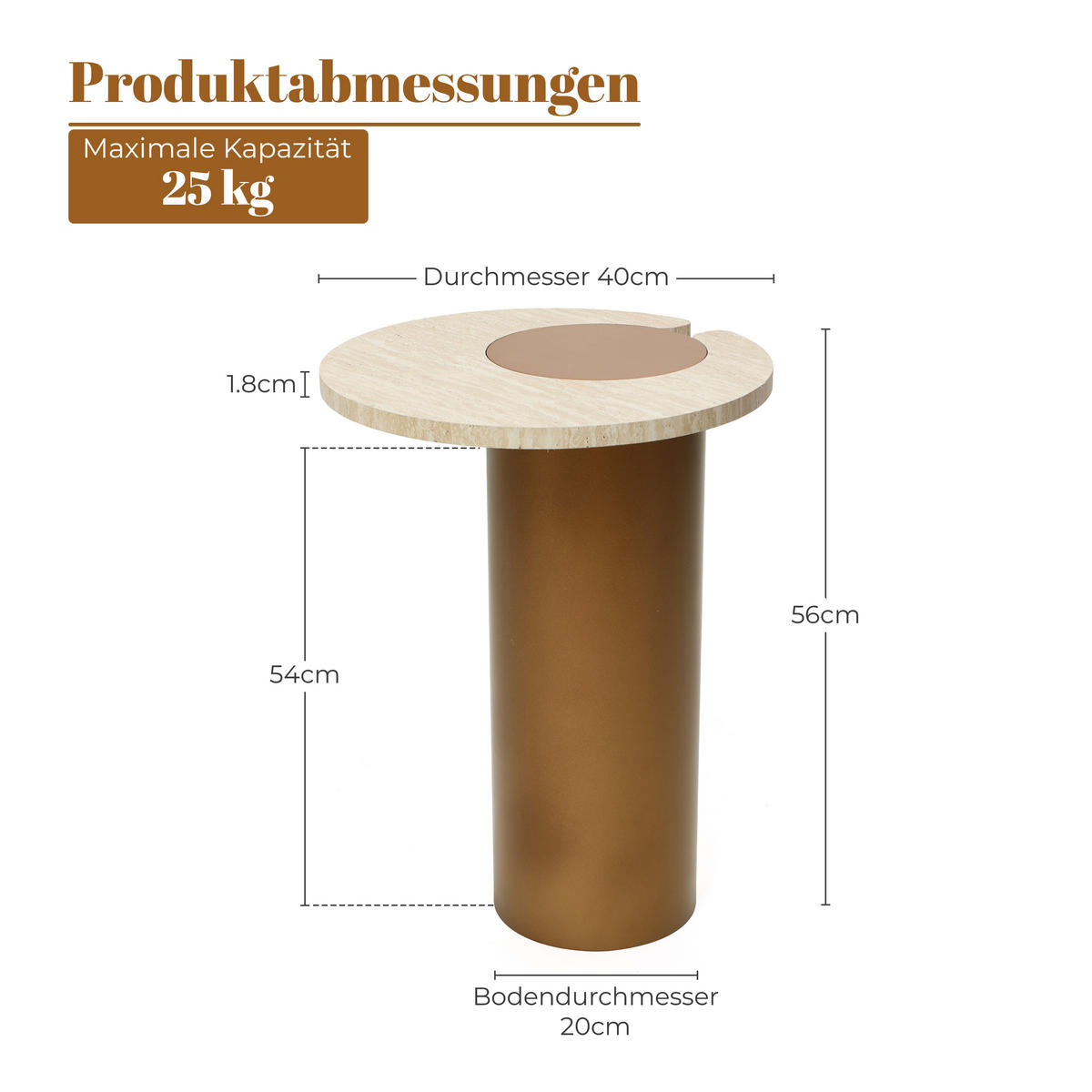 BEISTELLTISCH Holz Rund mit Travertin-Optik, 56 cm hoch - Braun, Holzwerkstoff (40/40/56cm) - Hometopia