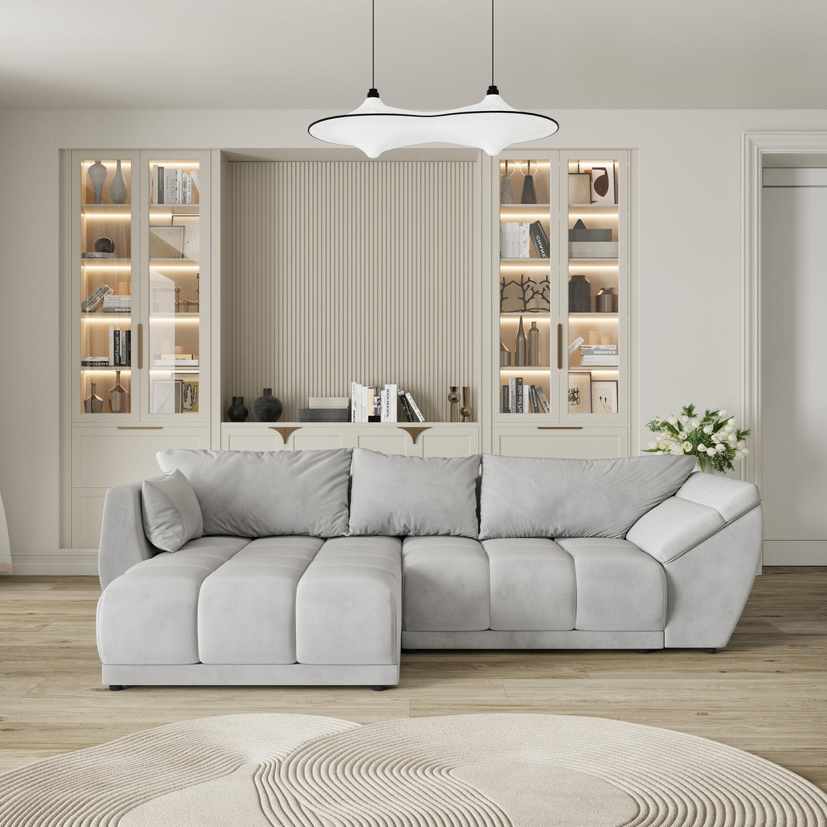 ECKSOFA ORENTI L-S Hellgrau Velours-Stoff mit Schlaffunktion - Hellgrau, Holz (287/182cm) - MASSENO