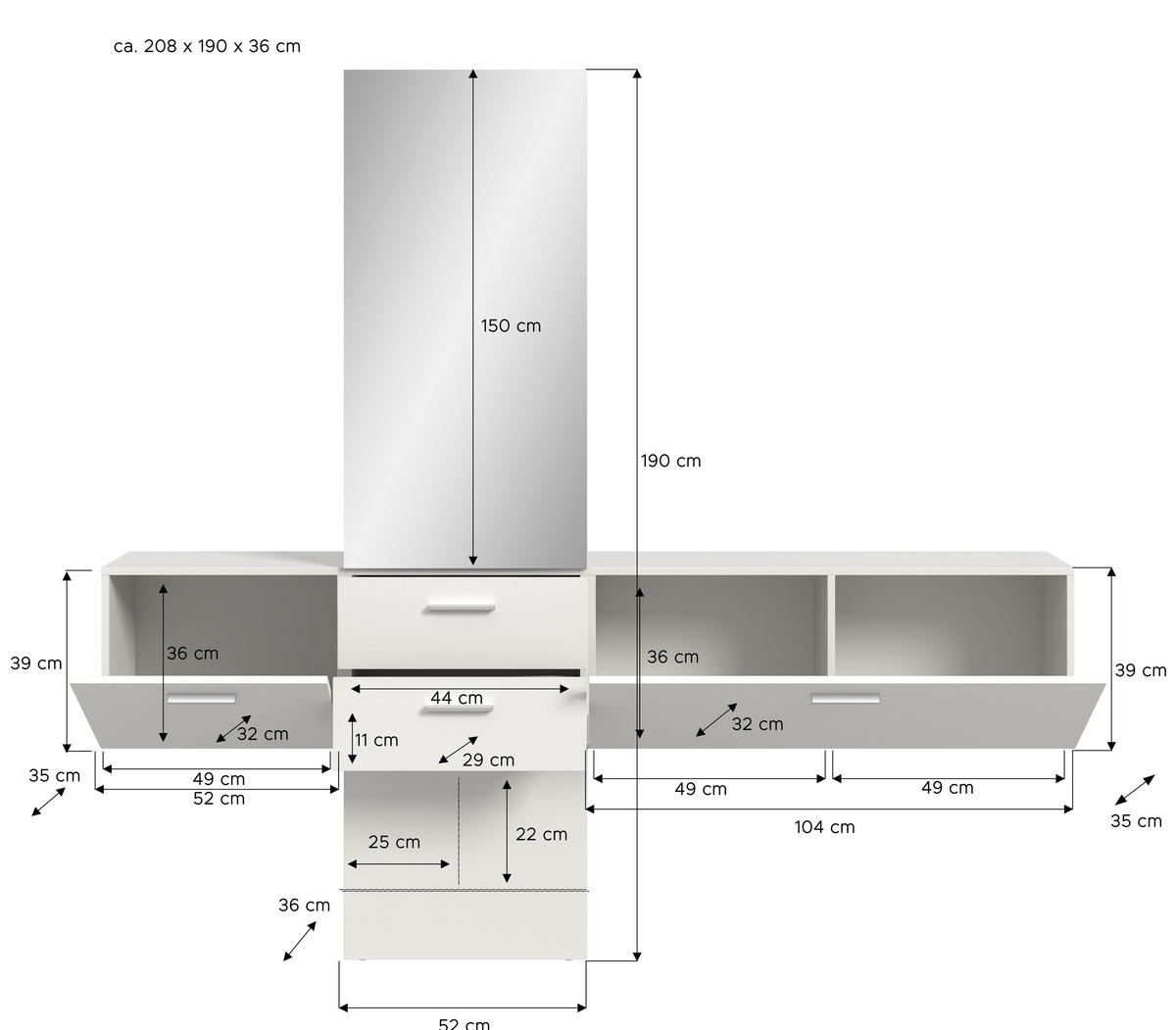 GARDEROBEN-SET VAGA 3.tlg (B/H/T: ca. 208/190/36 cm) in weiß/weiß - Weiß, Holzwerkstoff (208/190/36cm)