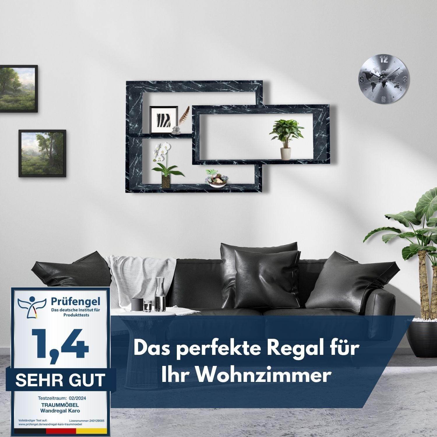 SCHWEBEREGAL KARO Marmorfarbig - Schwarz/Weiß, Holzwerkstoff (20/59/104cm) - Mein-Regal
