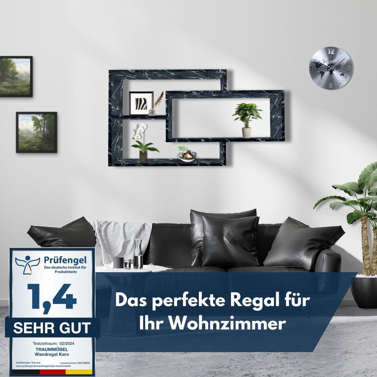 SCHWEBEREGAL KARO Marmorfarbig - Schwarz/Weiß, Holzwerkstoff (20/59/104cm) - Mein-Regal