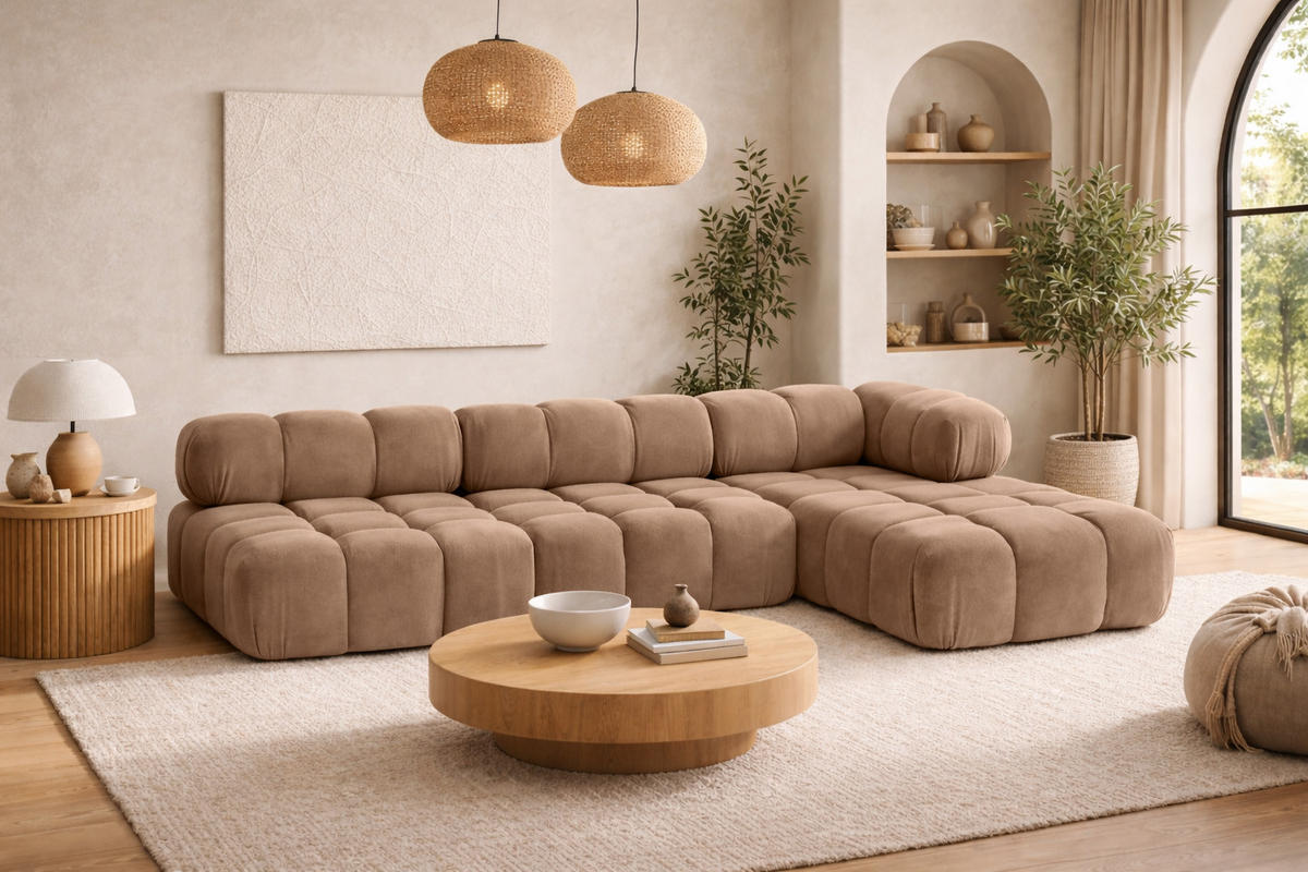 ECKSOFA L-Form Modulare, Veloursstoff Salvador, Dunkelbeige, Rechts, Selia - Beige, Holz (285/160cm) - Kaiser Möbel