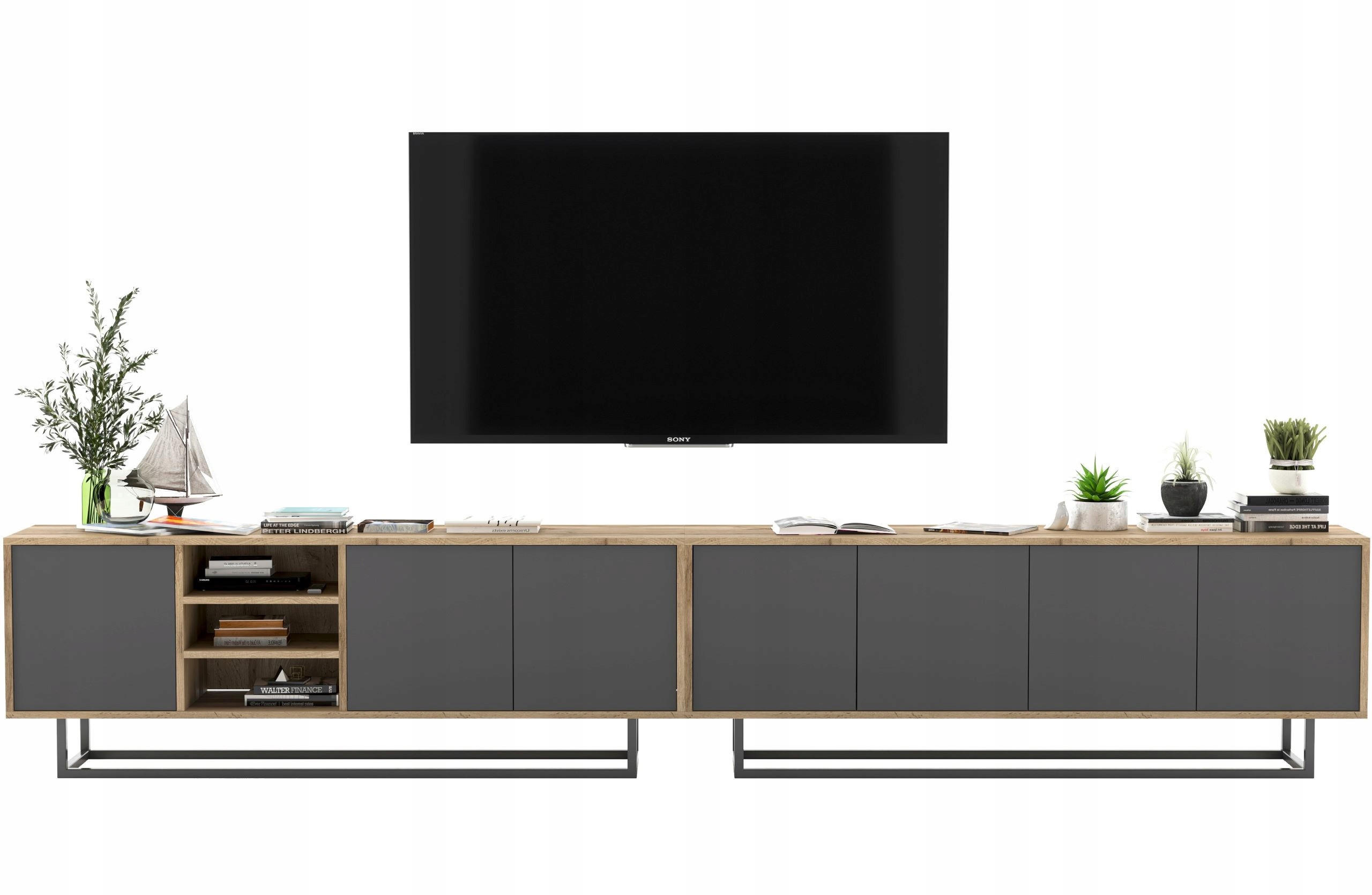 Meble Lindner SADA 2 TV stolků Apollo dub Wotan / grafit matný 300 cm s kovovým rámem