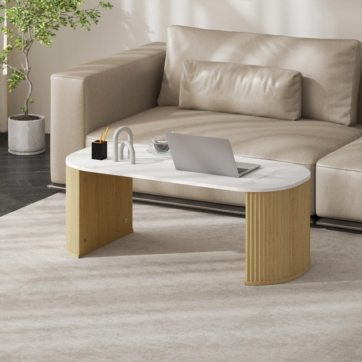 COUCHTISCH DE-15797 oval mit Marmoroptik Weiß - Naturfarben, Holzwerkstoff (110/50/40cm) - ComfortXL