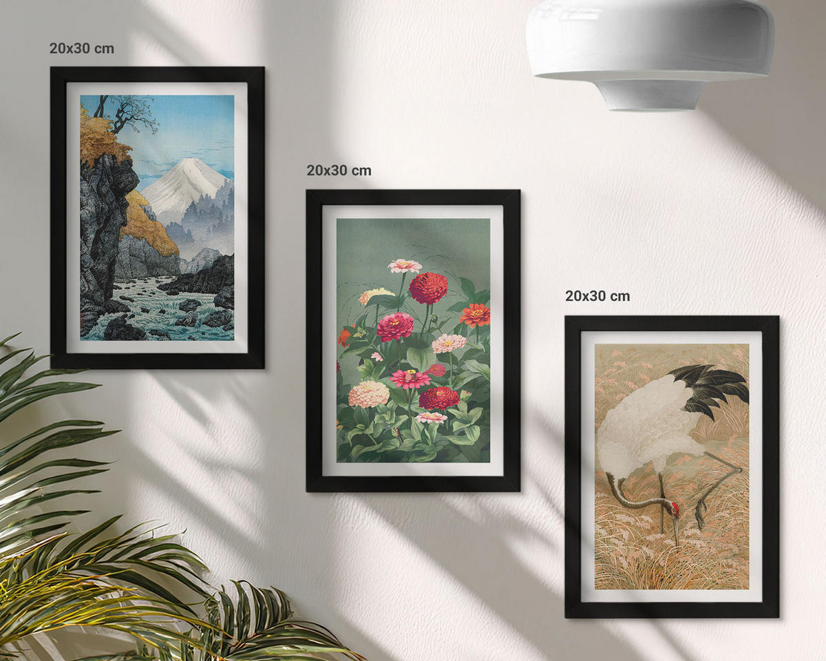 BILDER SET 3er Set - 20x30 cm Schwarzer Rahmen - Berglandschaft, Fluss, Blumen, Kraniche - Schwarz, Kunststoff (20/30cm) - TULUP