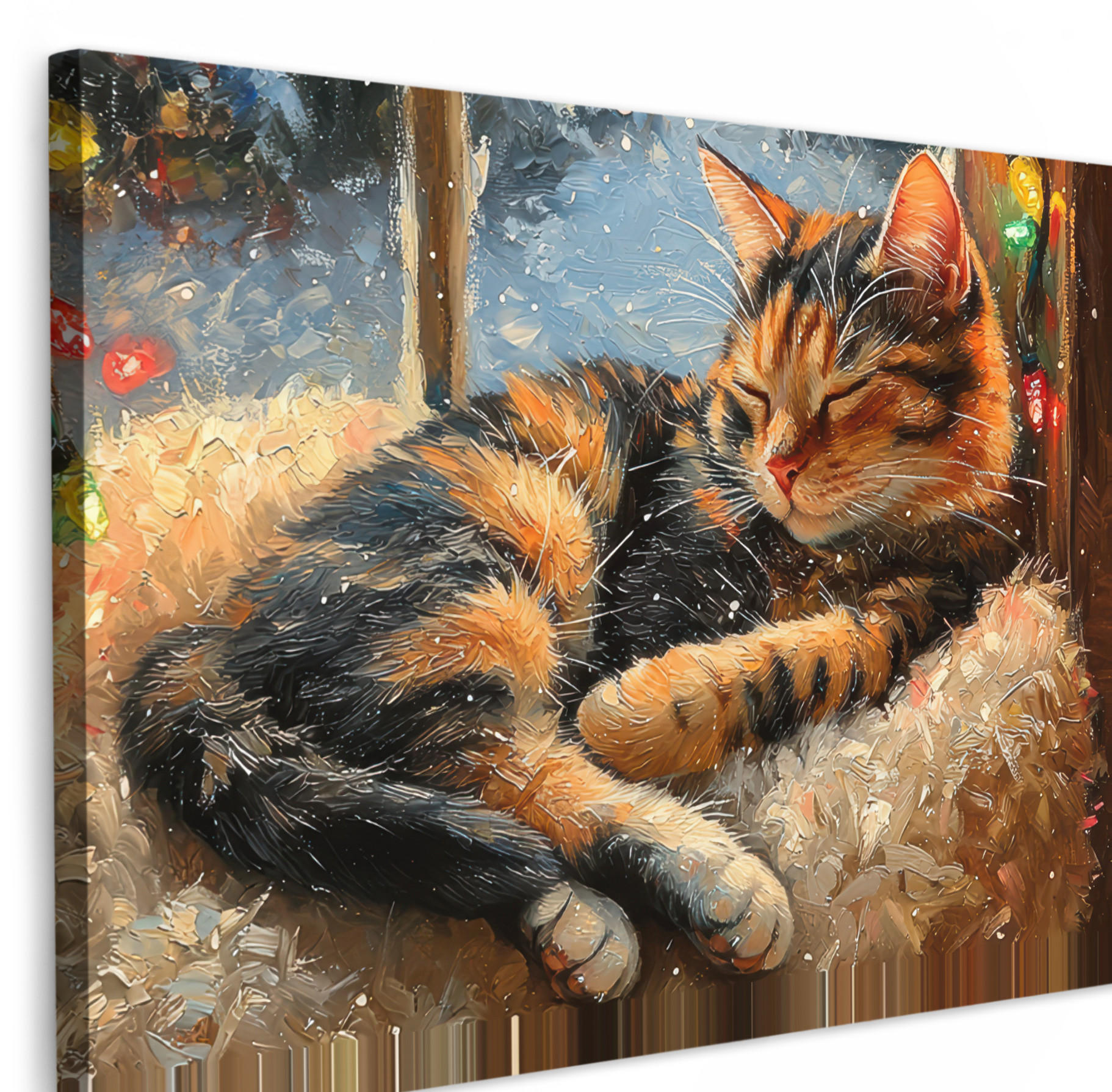 LEINWANDBILD Katze - Weihnachten - Winter - Tier Gemälde 60x40 cm - Bernsteinfarben, Textil (60/40cm) - MuchoWow
