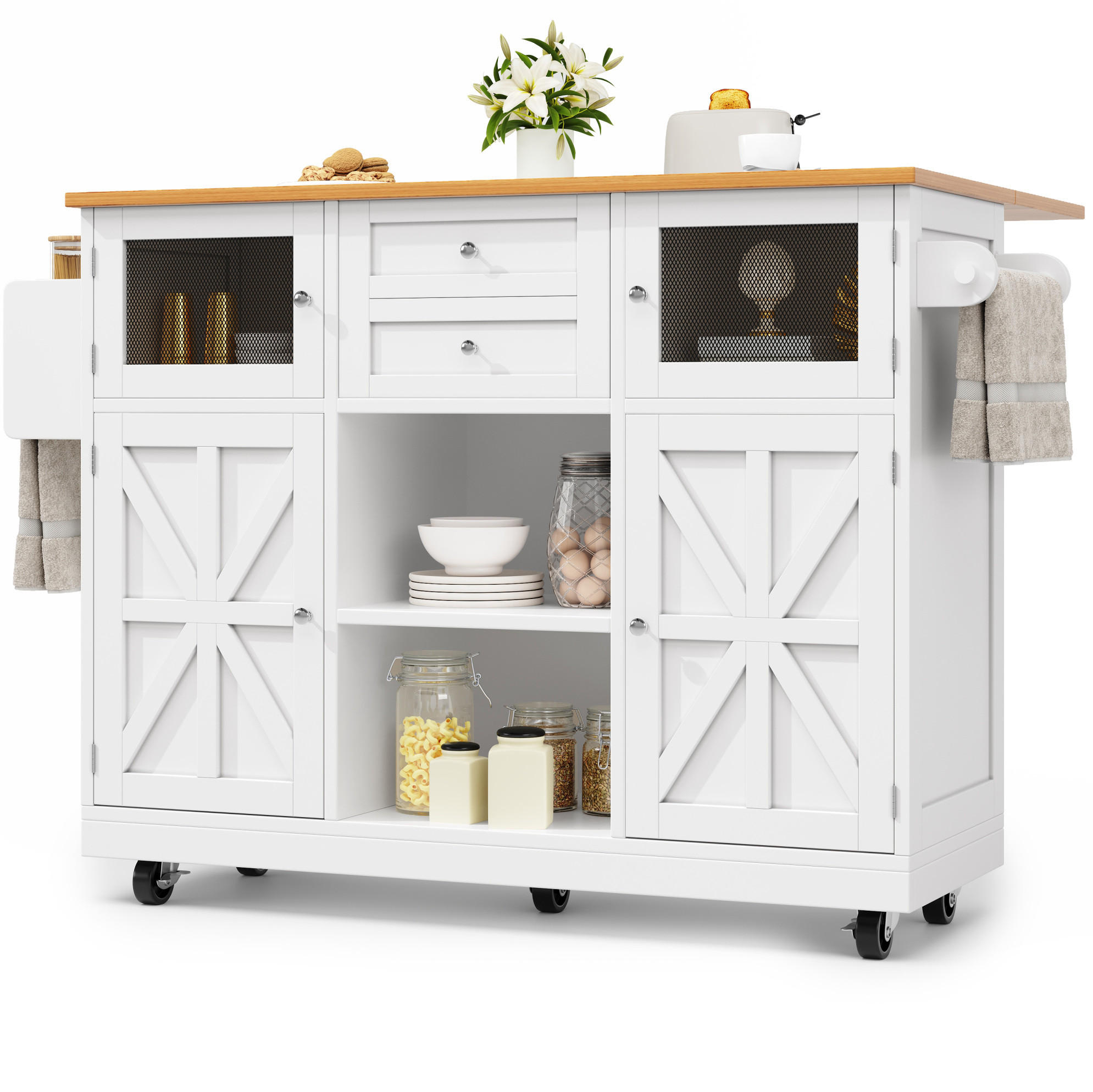 Modfu KUCHYŇSKÝ ostrůvek z MDF 140x70x93,5 cm bílý se sklopnou deskou, zásuvkami a kolečky