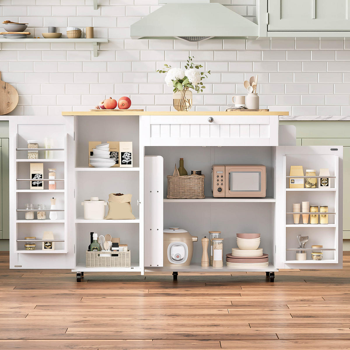 KÜCHENINSEL 120 cm FSC MDF Natur Weiß mit Klappbarer Arbeitsplatte und Bartisch Funktion - Weiß, Holzwerkstoff (70/92/120cm) - Korfee