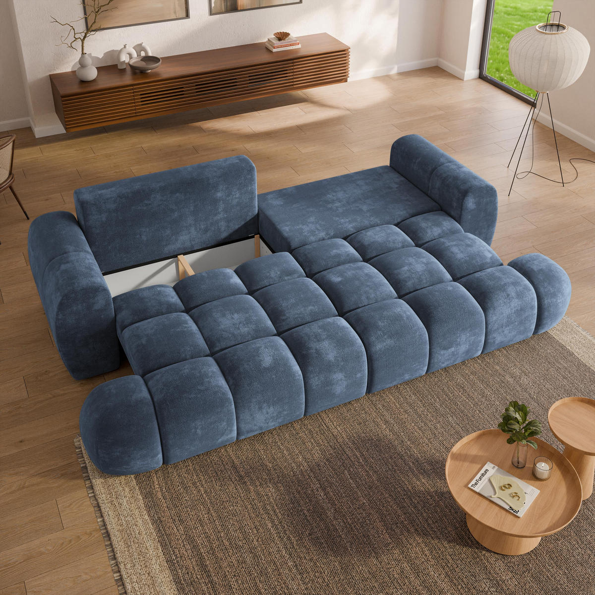 BETTSOFA DAFNE Blau Chenille-Stoff mit Schlaffunktion - Blau, Textil (300/88/113cm) - MASSENO