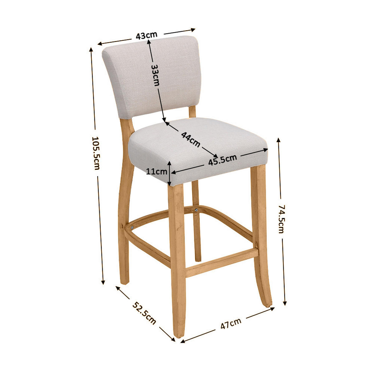 BARHOCKER 2er-Set Rückenlehne Massivholzrahmen aus Leinen und Holz in Beige Braun harmonisches Design Hoher Sitzkomfort 47 x 52,5 x 105,5 cm - Beige/Braun, Holz/Textil (47/105.5/52.5cm) - Livingandhome