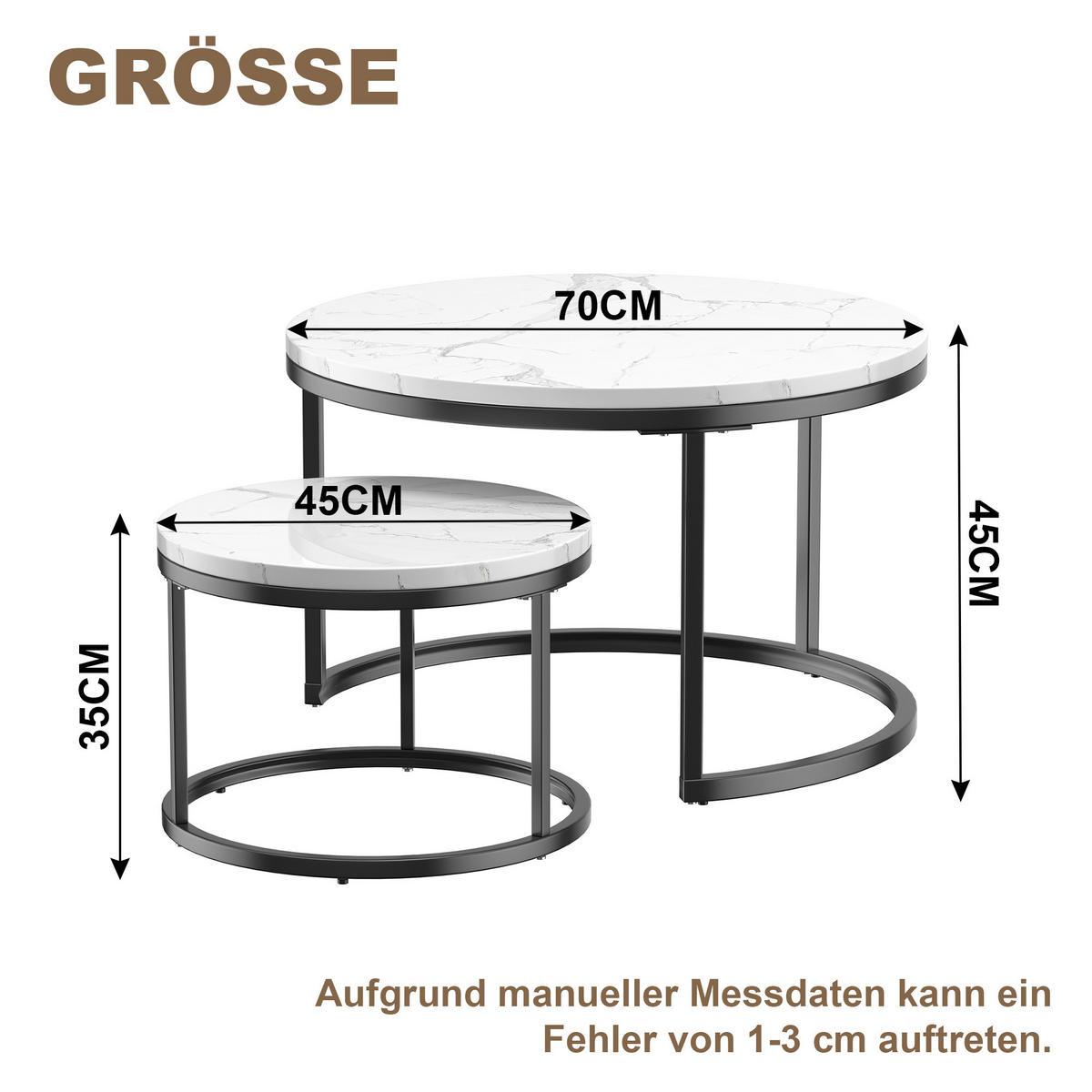 COUCHTISCH-SET 70/70/45 cm und 45/45/37 cm mit Marmor-Optik, nestbar und platzsparend, Weiß - Weiß, Metall (70/70/45cm) - Redom