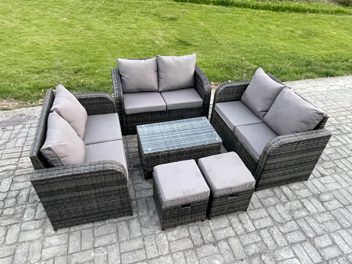 GARTENMÖBELGARNITUR mit KISSEN Polyrattan Dunkelgrau 8-Sitzer - Dunkelgrau/Grau, Glas/Kunststoff - Fimous