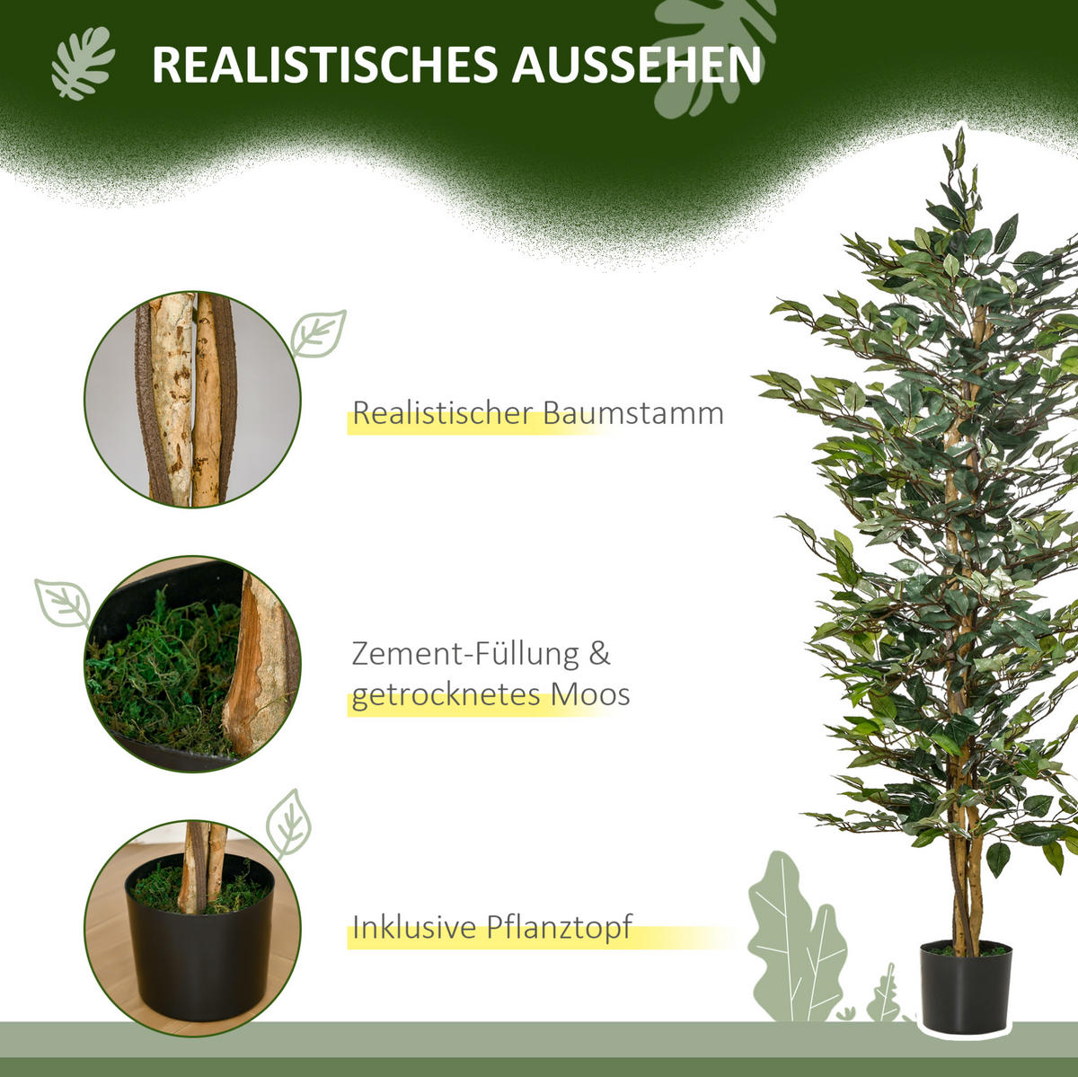 KUNSTPFLANZEN 17/17/150 cm grün aus Kunststoff und Zement im Topf, pflegeleicht - Grün, Stein (150cm) - OKWISH