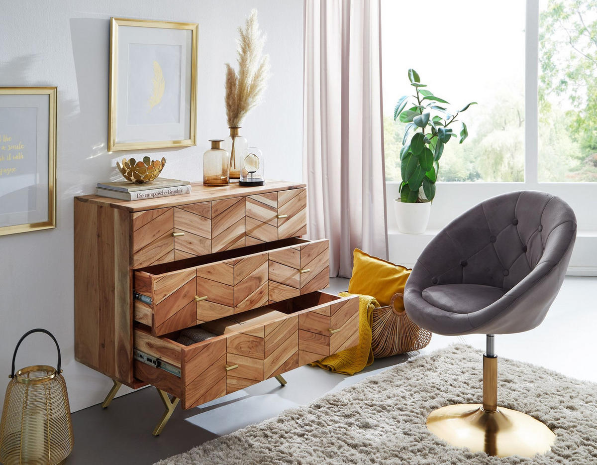 SIDEBOARD – Akazie Massivholz, rustikal, mit Muster, Landhausstil - Beige/Goldfarben, Holz/Metall (90/86/40cm) - KADIMA DESIGN