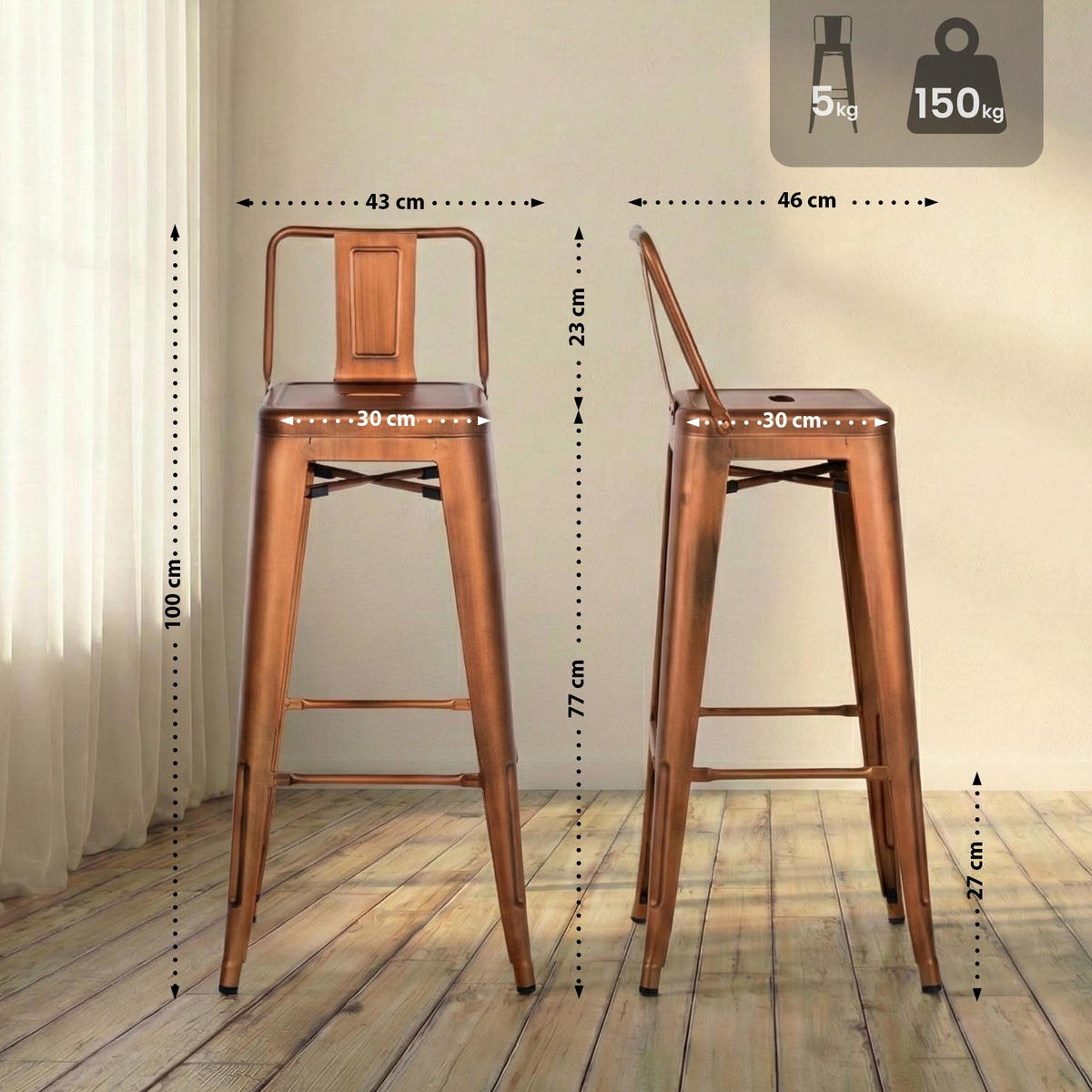 BARHOCKER Mason 4er Set 96x44x43 cm kupfer - Kupferfarben, Metall (44/96/43cm) - furnicato