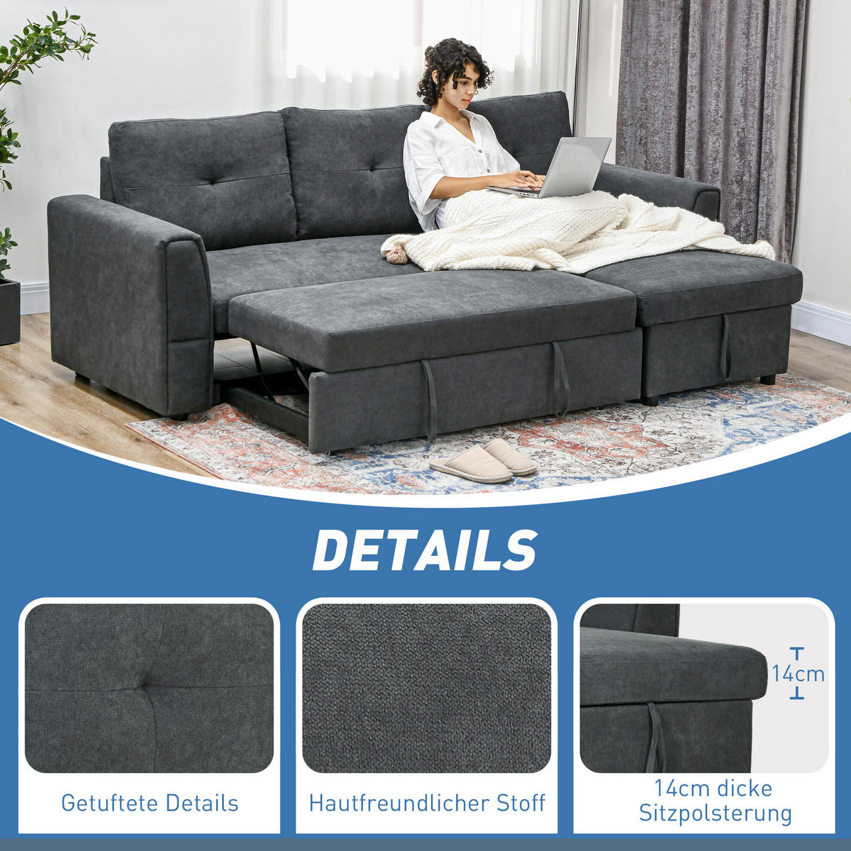 SCHLAFSOFA Ecksofa mit Bettfunktion, 3 Sitzer Couch mit Stauraum, Dunkelgrau - Dunkelgrau/Schwarz, Kunststoff/Textil (141/232cm) - HOMCOM
