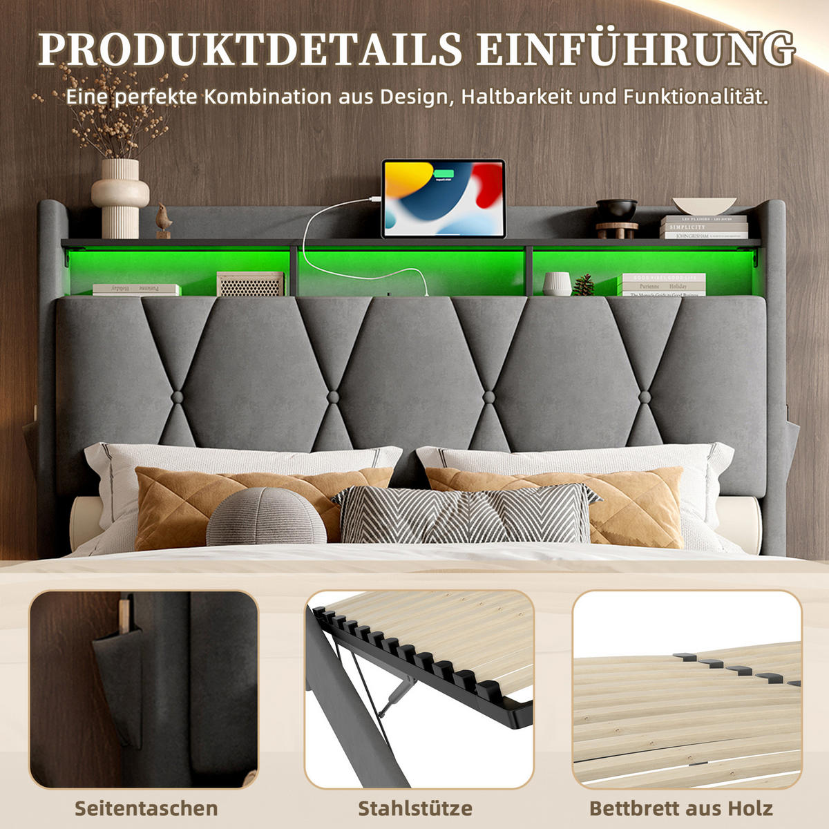 POLSTERBETT 160/200 cm mit LED-Beleuchtung, USB- und Type-C-Anschluss, Stauraum-Kopfteil und Bettkasten, Dunkelgrau - Dunkelgrau, Textil (160/200cm) - Redom