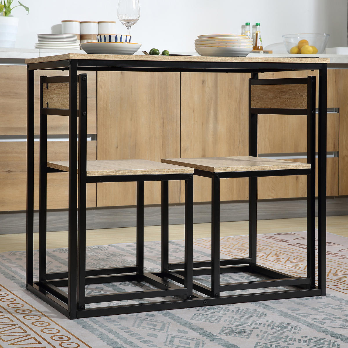 ESSGRUPPE mit Tisch und Stühlen – 1 Tisch + 2 stapelbare Stühle für die Küche – Schwarzes Metall mit heller Eichenholzoptik - Naturfarben, Kunststoff (90/76/47cm)