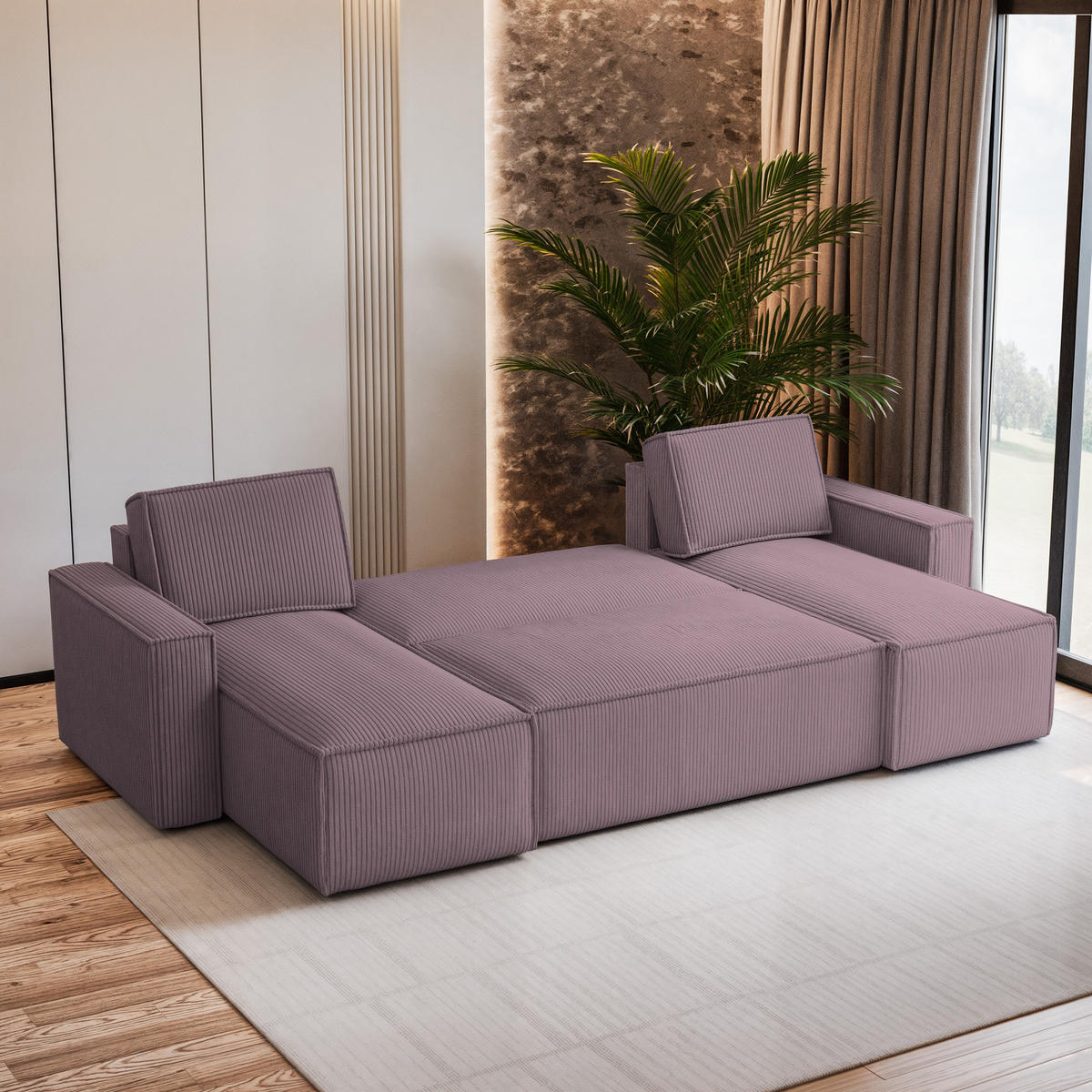 WOHNLANDSCHAFT PESANO P Lila Kordstoff mit Schlaffunktion - Lila, Holz (306/85/140cm) - MASSENO