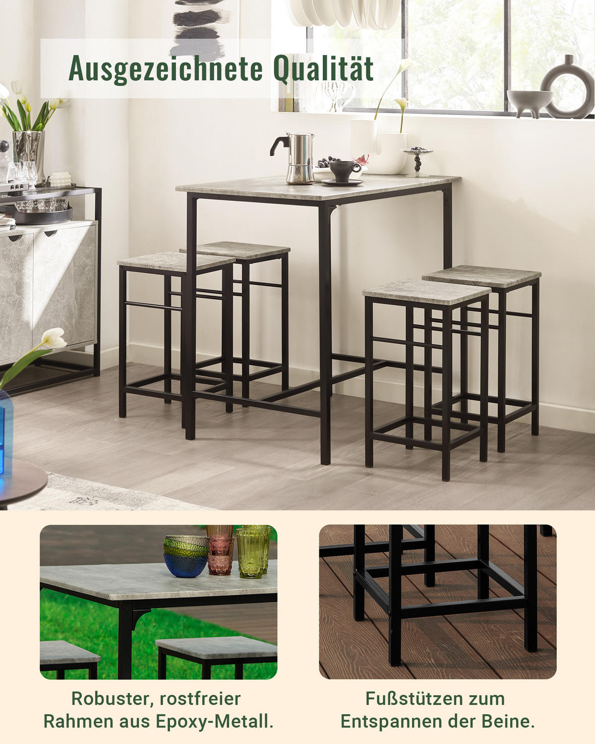 BARTISCH + 4 x BARHOCKER - Grau, Holzwerkstoff (100/87/60cm) - SoBuy