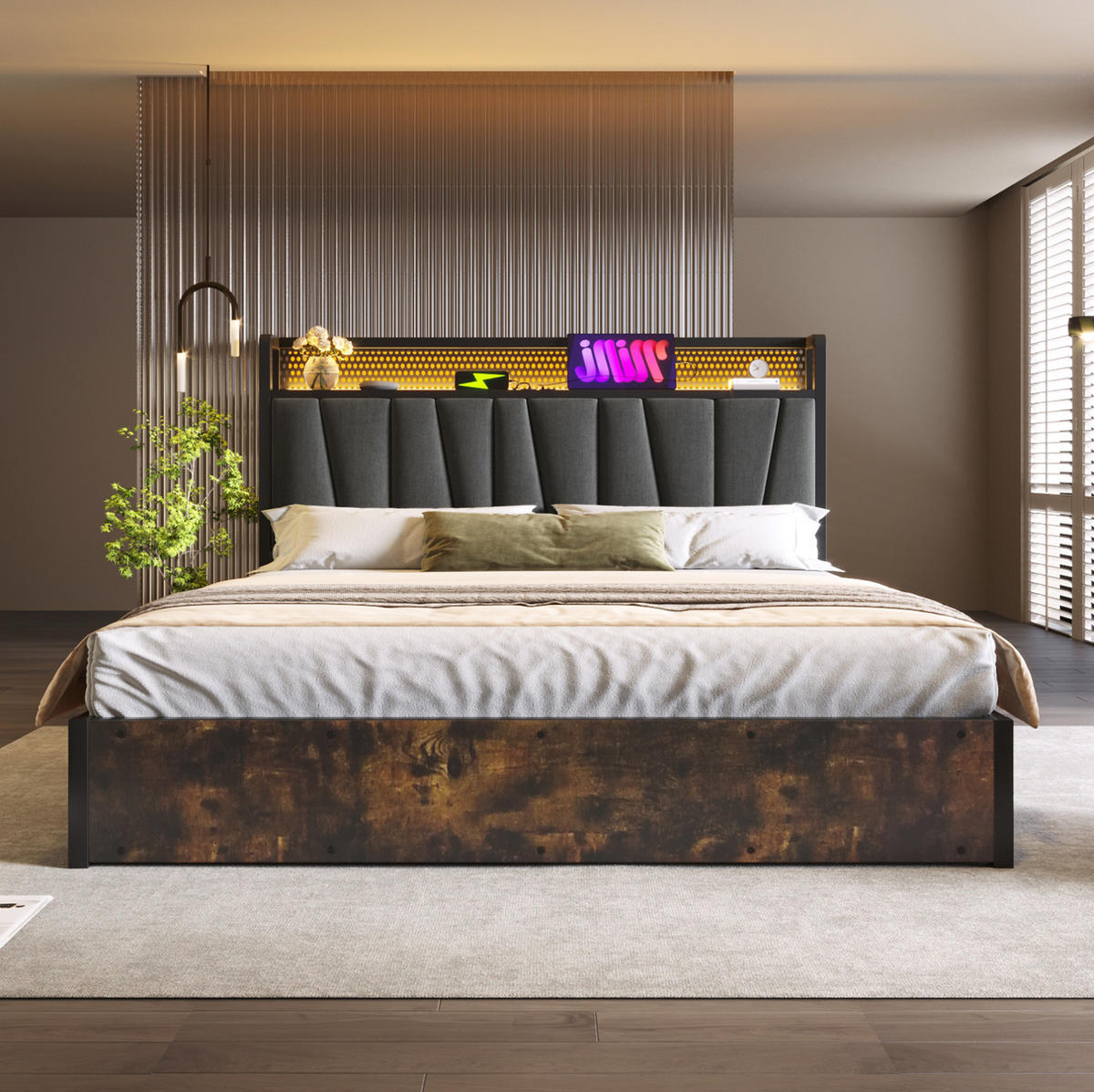POLSTERBETT aus Leinen 140x200 cm in Grau mit LED-Kopfteil & USB - Grau, Textil (140/200cm) - Modfu
